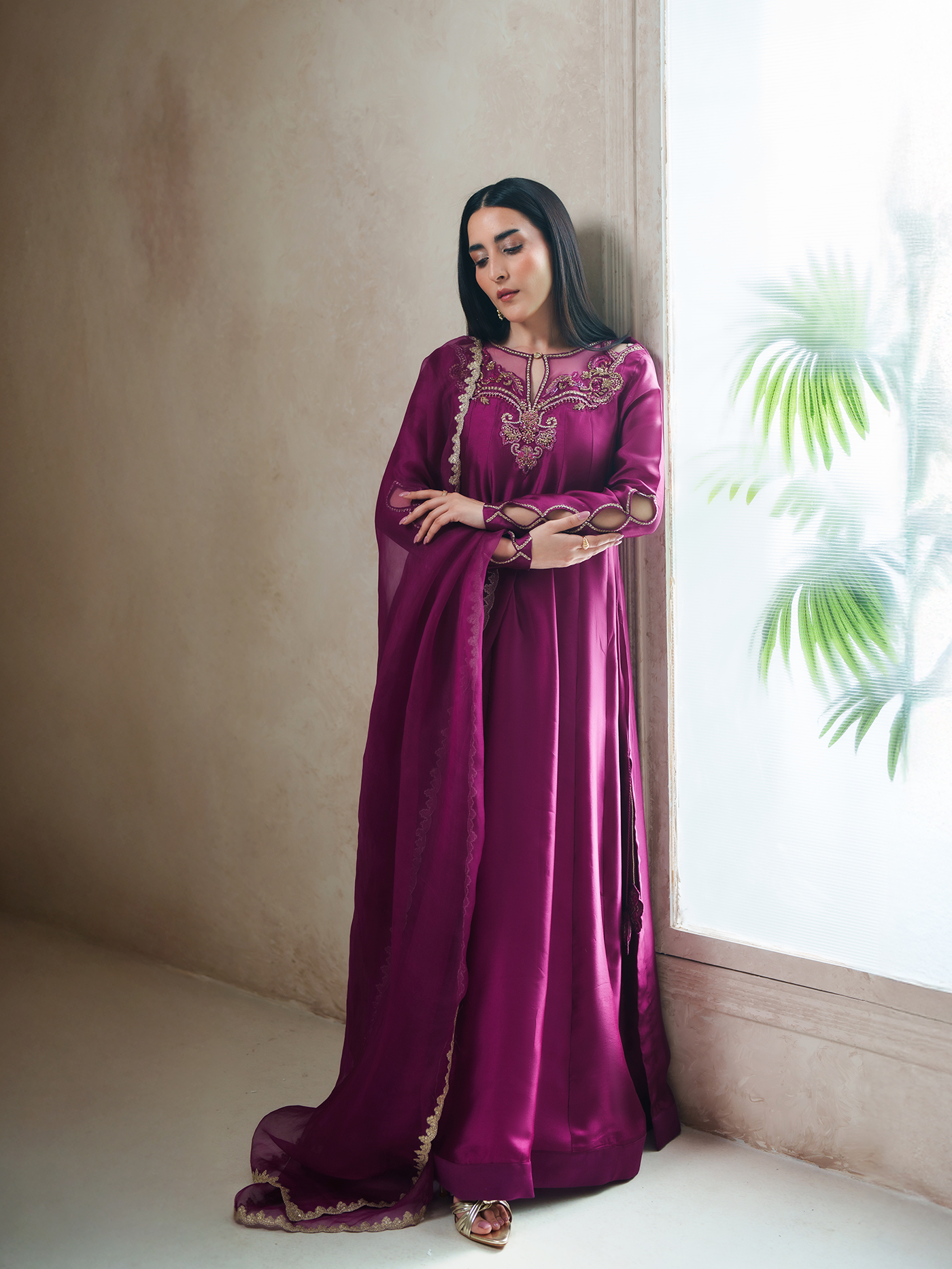 Fuchsia Sheesha Silk Pishwas Three Piece