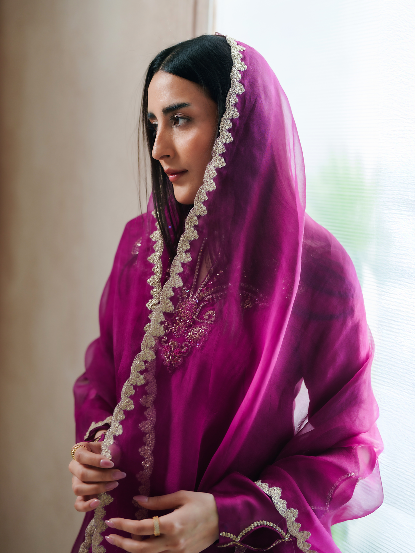 Fuchsia Sheesha Silk Pishwas Three Piece