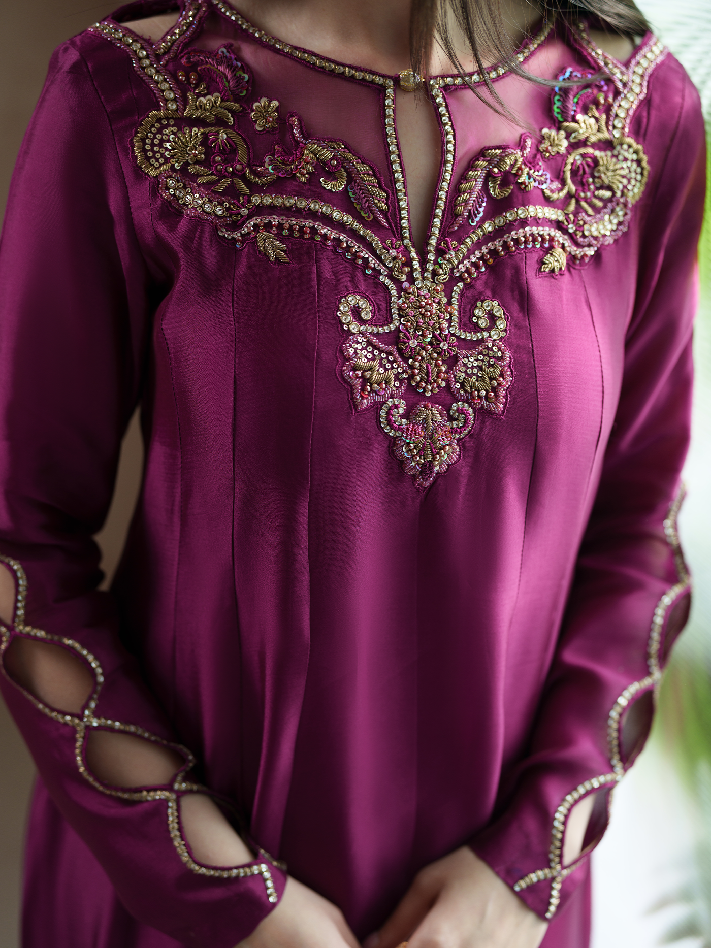 Fuchsia Sheesha Silk Pishwas Three Piece