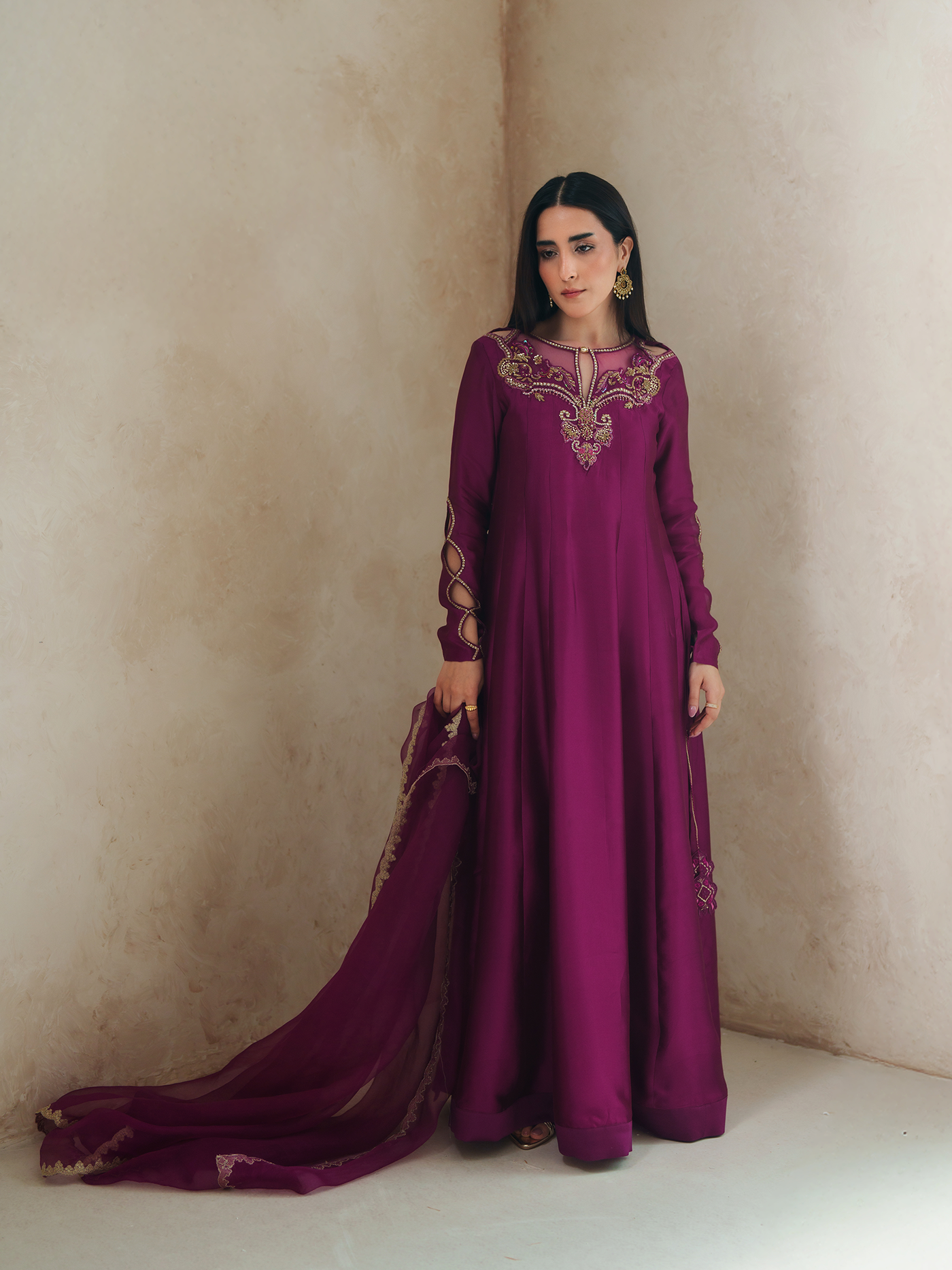 Fuchsia Sheesha Silk Pishwas Three Piece