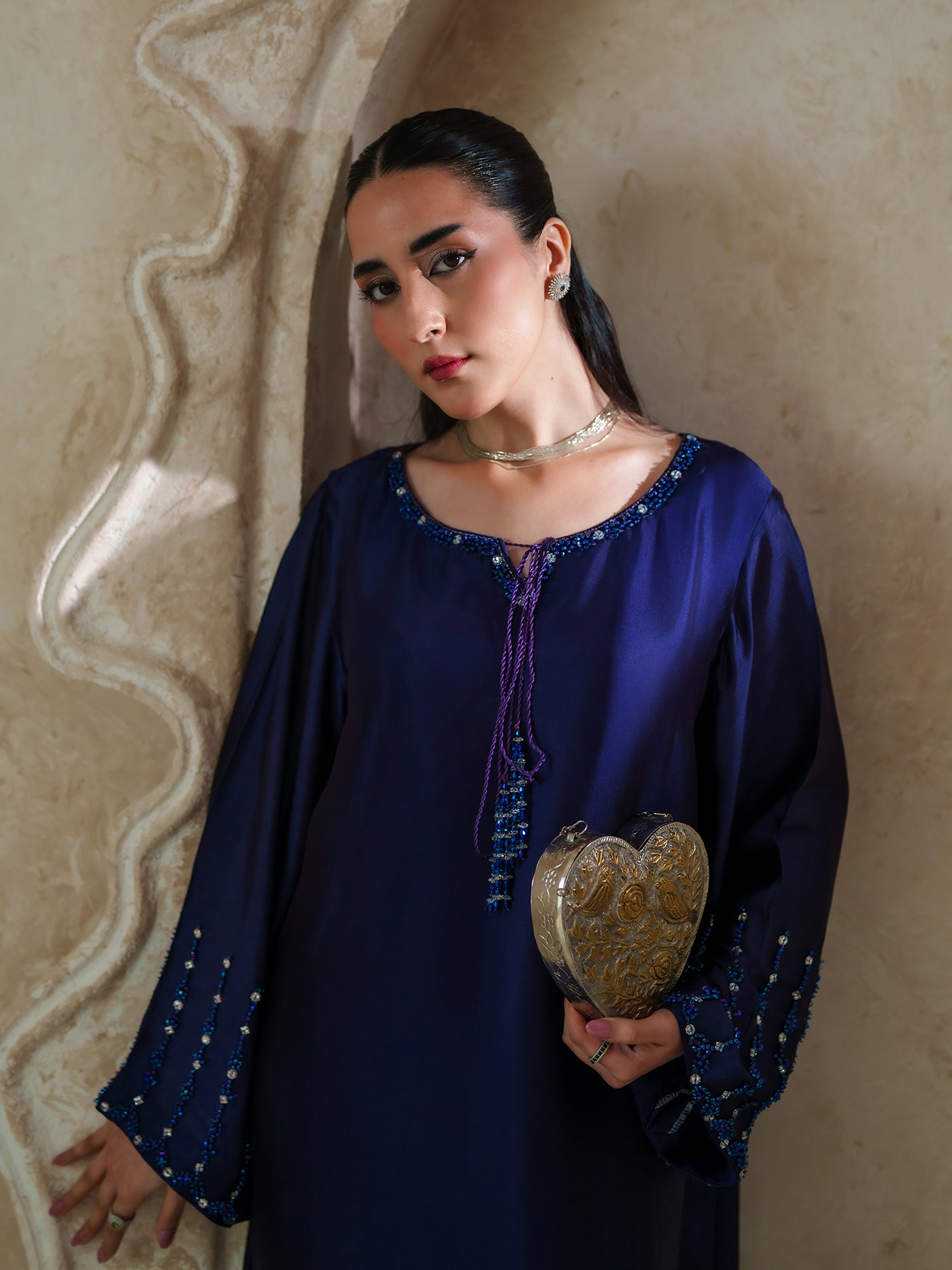 Deep Purple Sheesha Silk Embellished Kaftan
