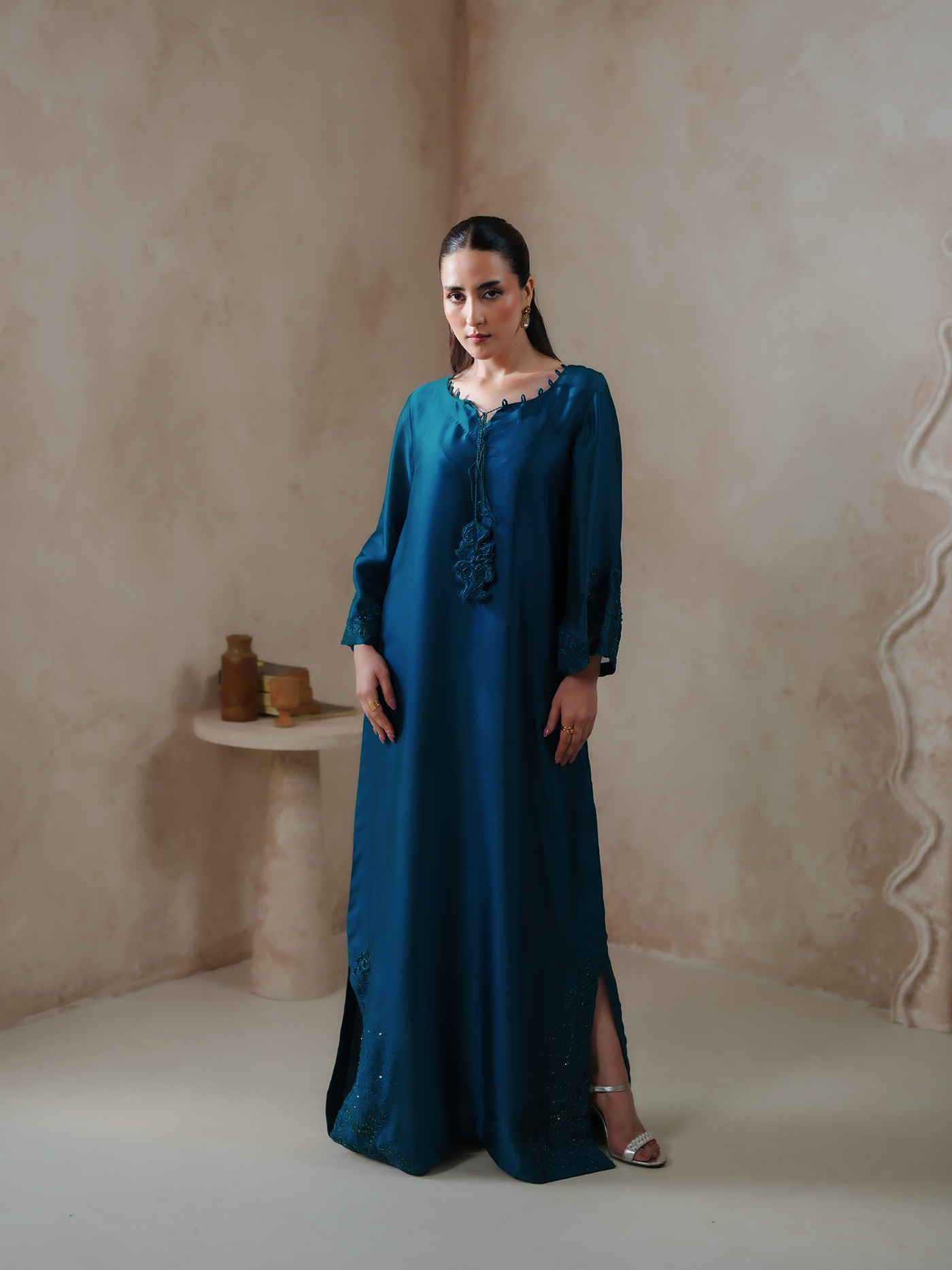 Terra Teal Sheesha Silk Embellished Kaftan