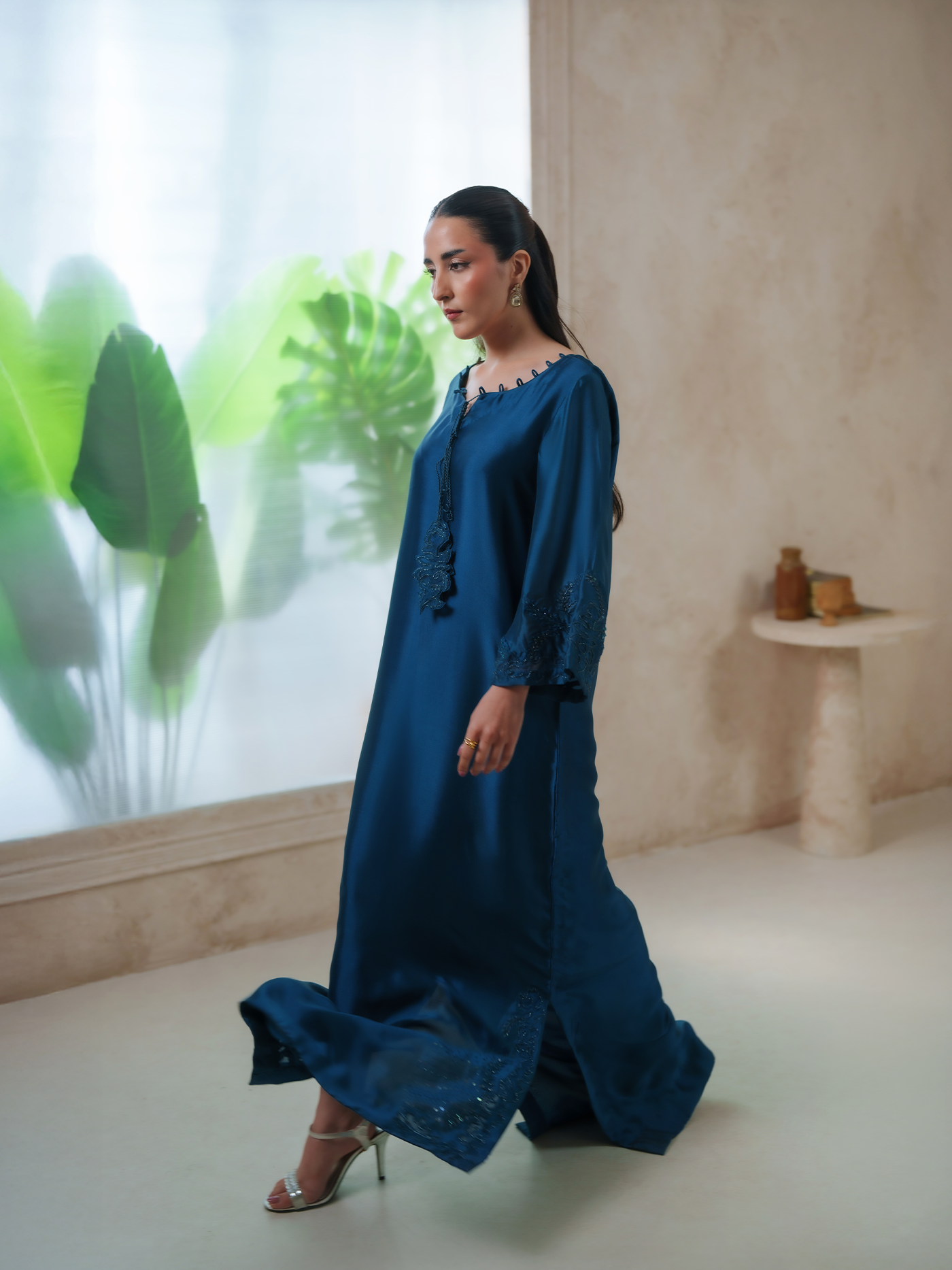 Terra Teal Sheesha Silk Embellished Kaftan