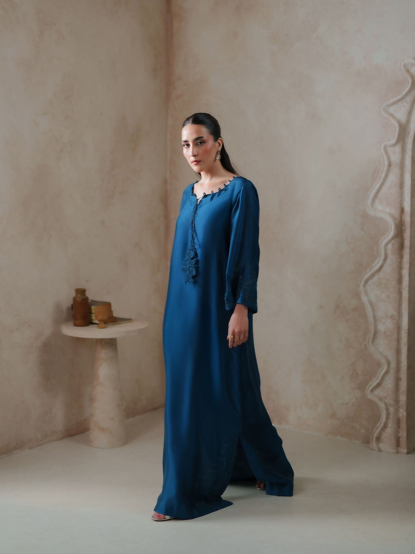Terra Teal Sheesha Silk Embellished Kaftan