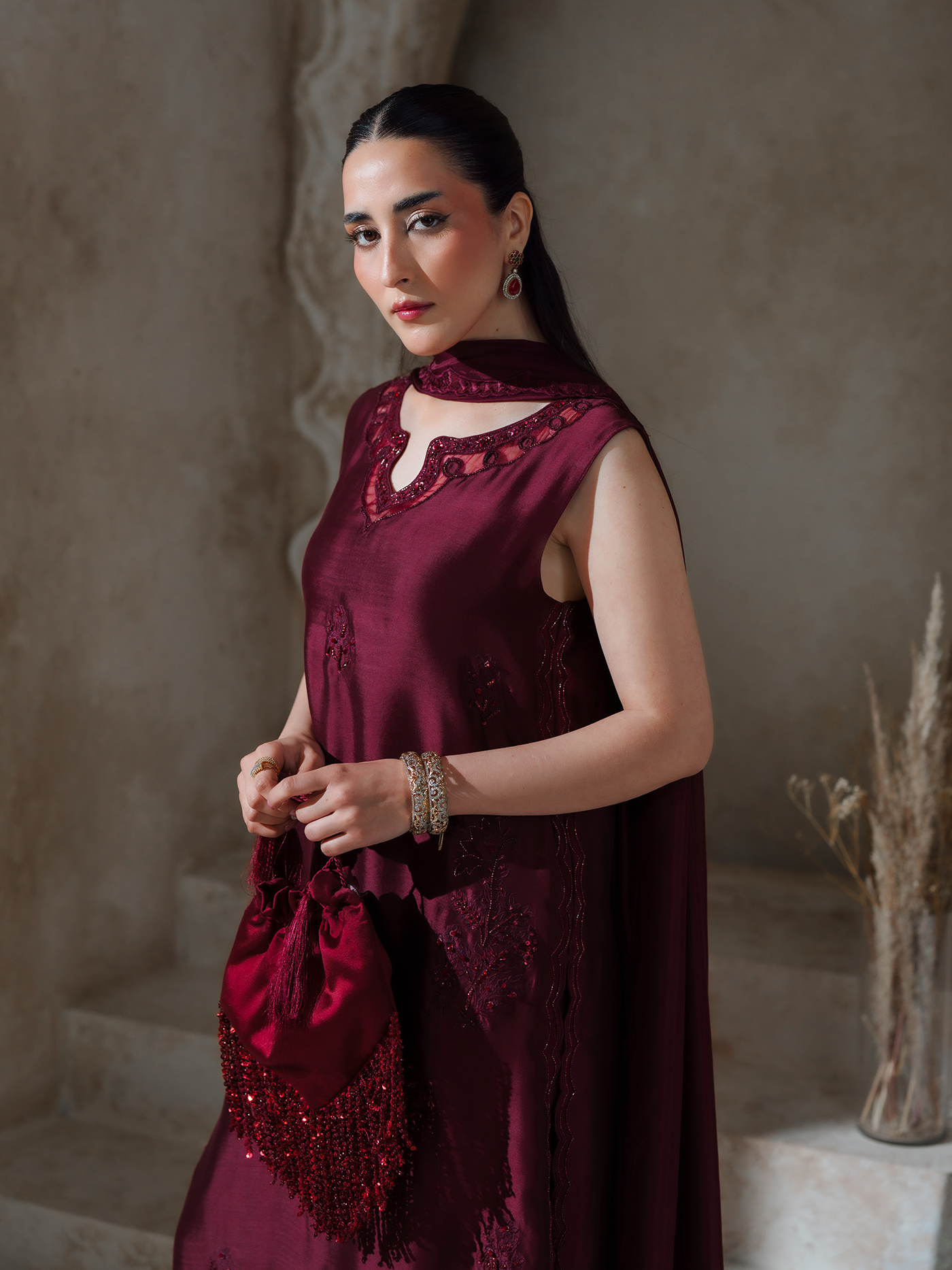 Scarlett Deep Maroon Sheesha Silk Three Piece