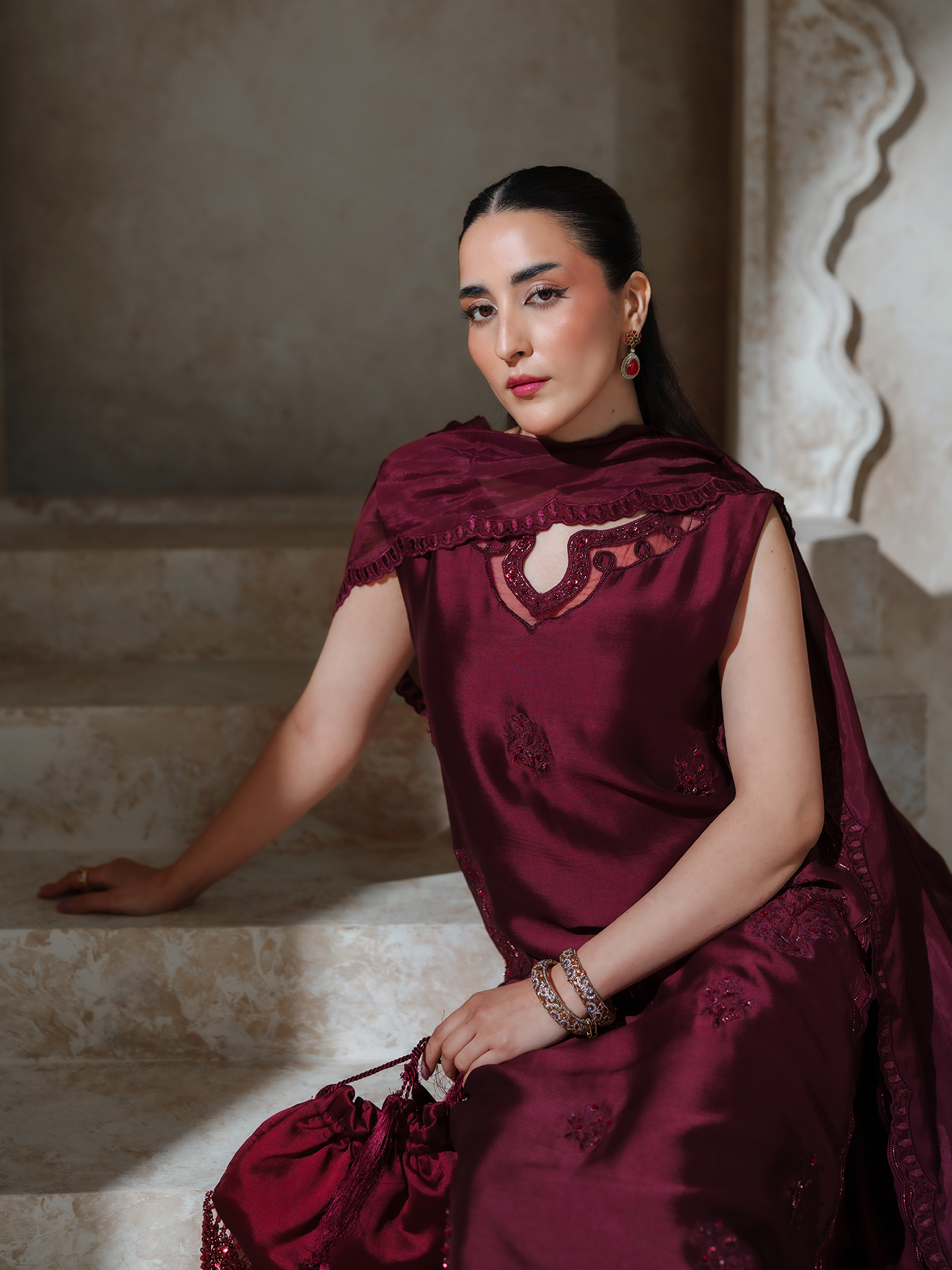 Scarlett Deep Maroon Sheesha Silk Three Piece