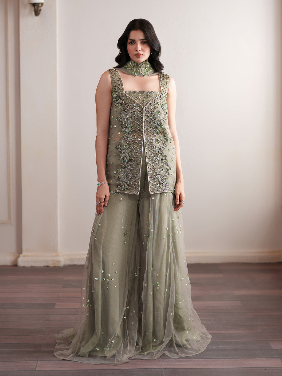 MINTARA Mint Green Embroidered Organza Sharara Suit