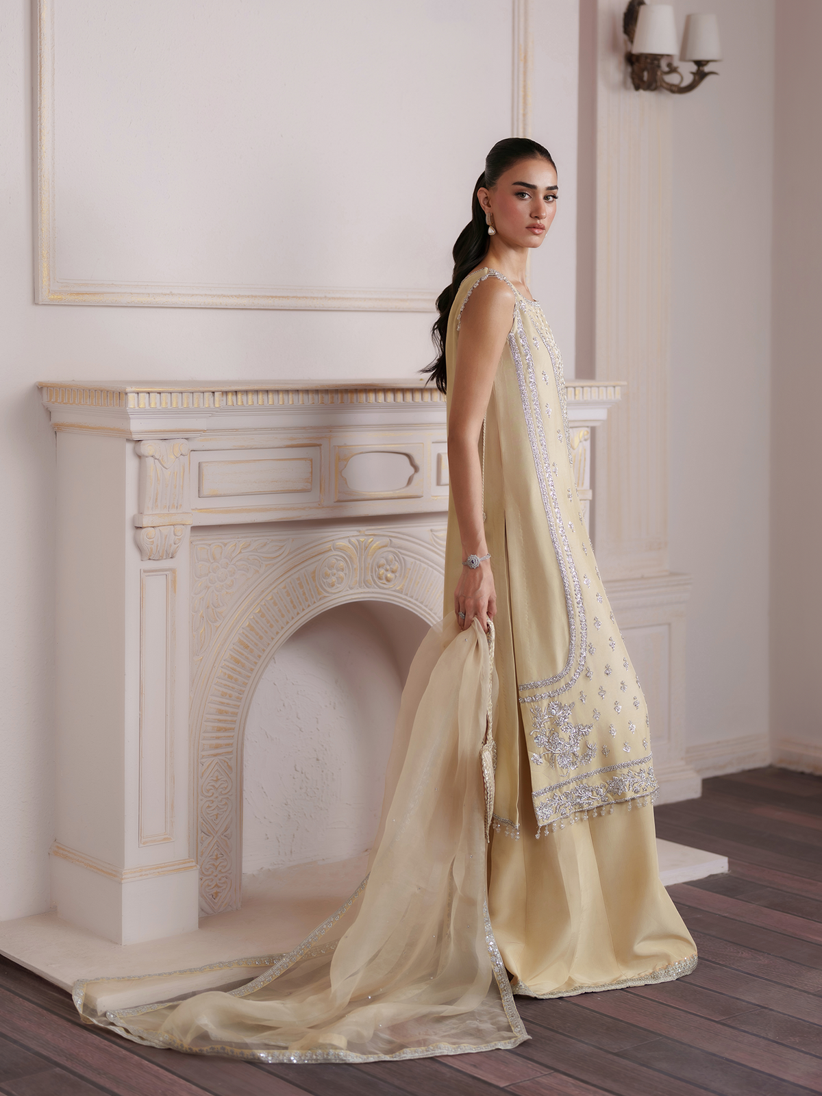Citrine Silk Sharara three-piece Set with Organza Dupatta