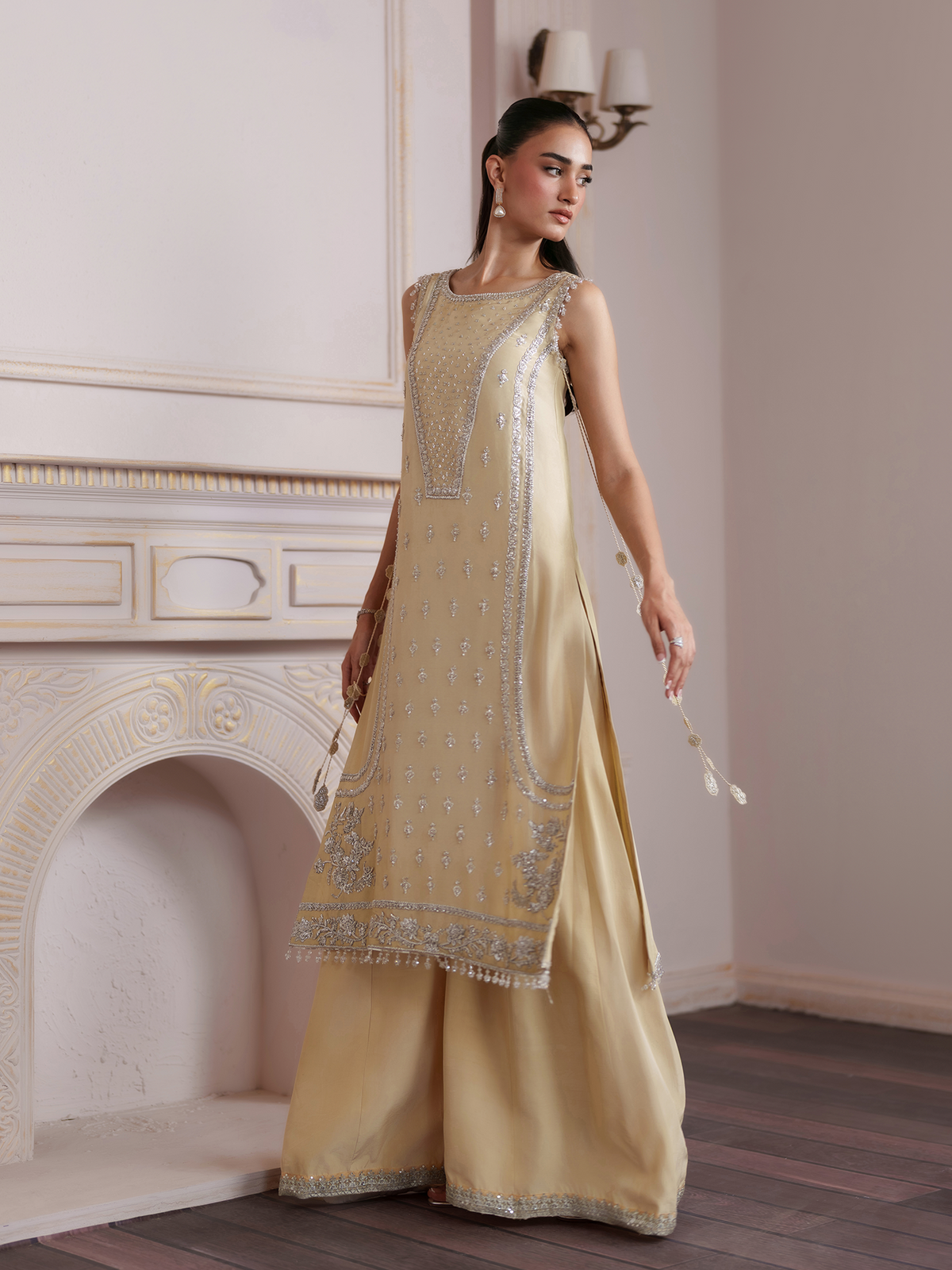 Citrine Silk Sharara three-piece Set with Organza Dupatta