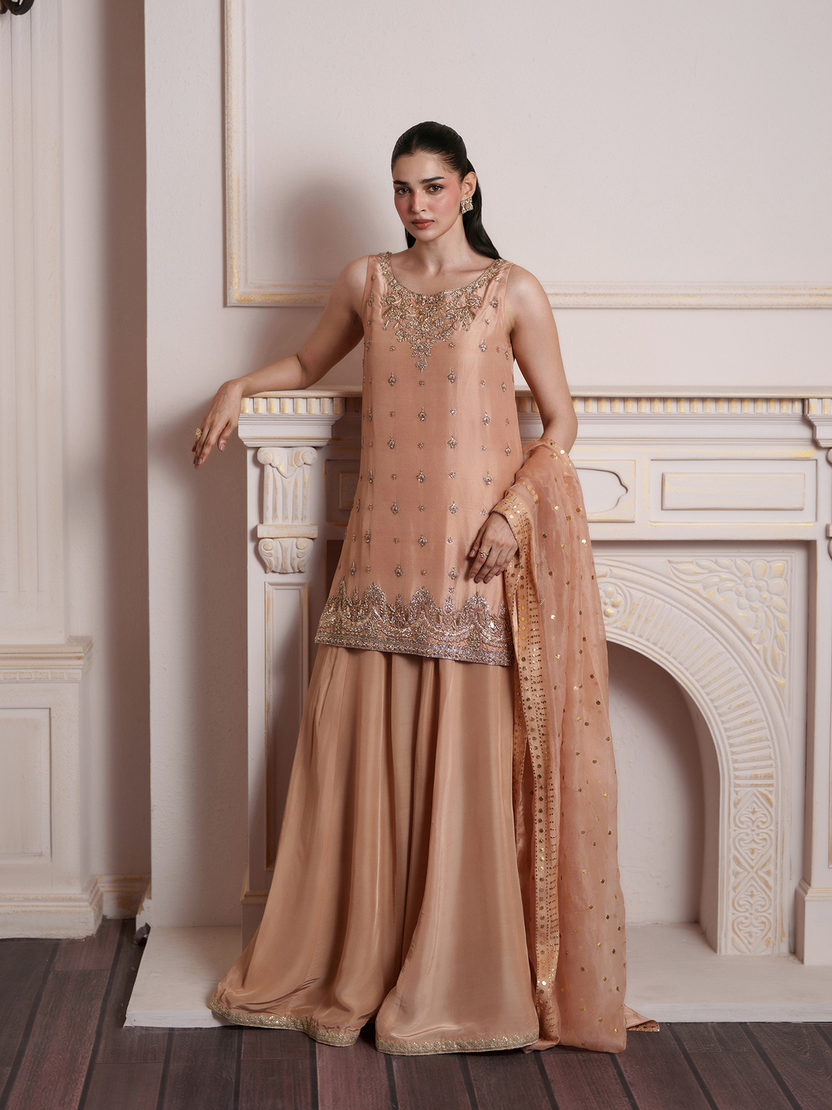 Peach Crush Silk Sharara Suit with Organza Mukaish Dupatta