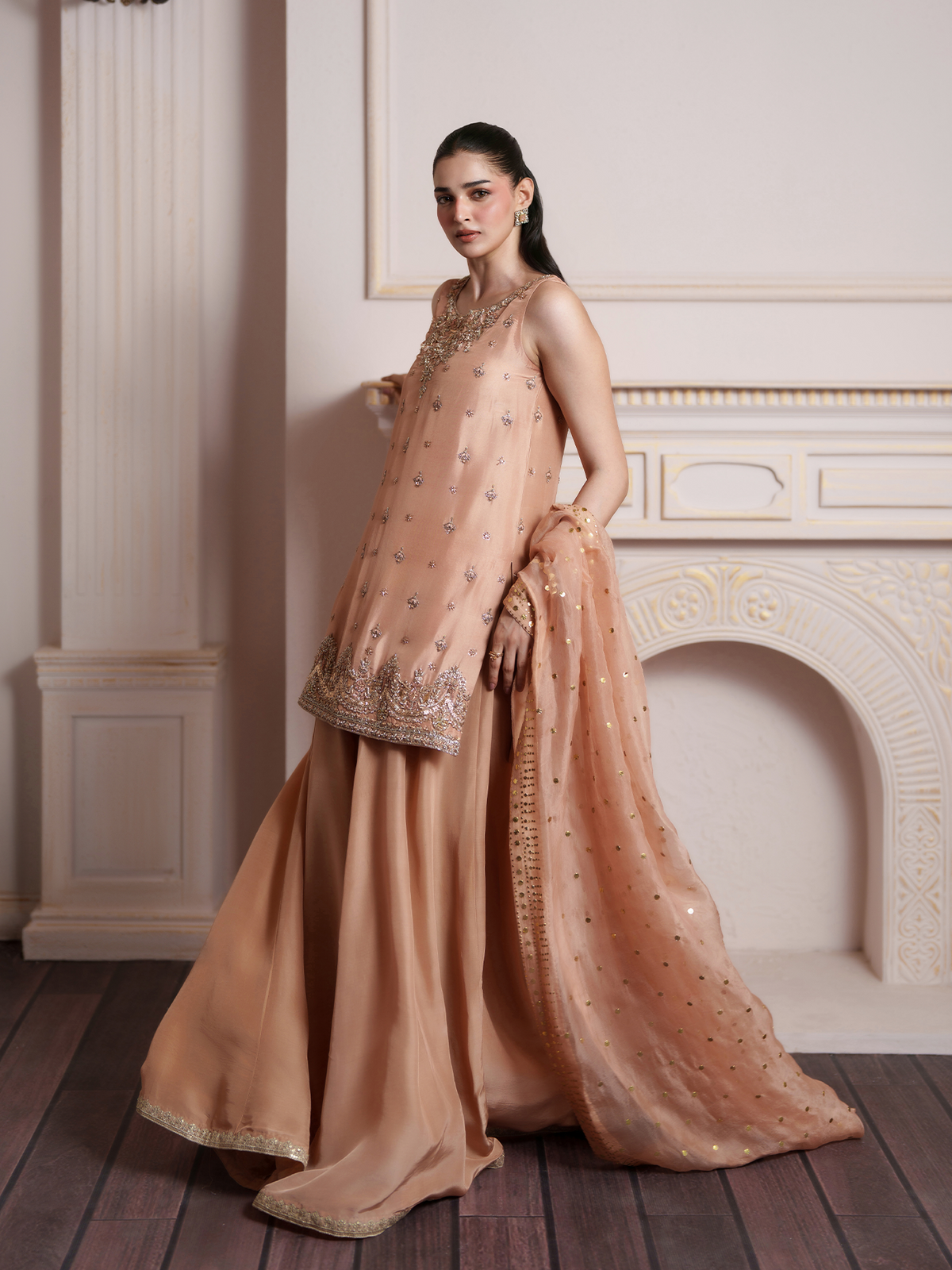 Peach Crush Silk Sharara Suit with Organza Mukaish Dupatta