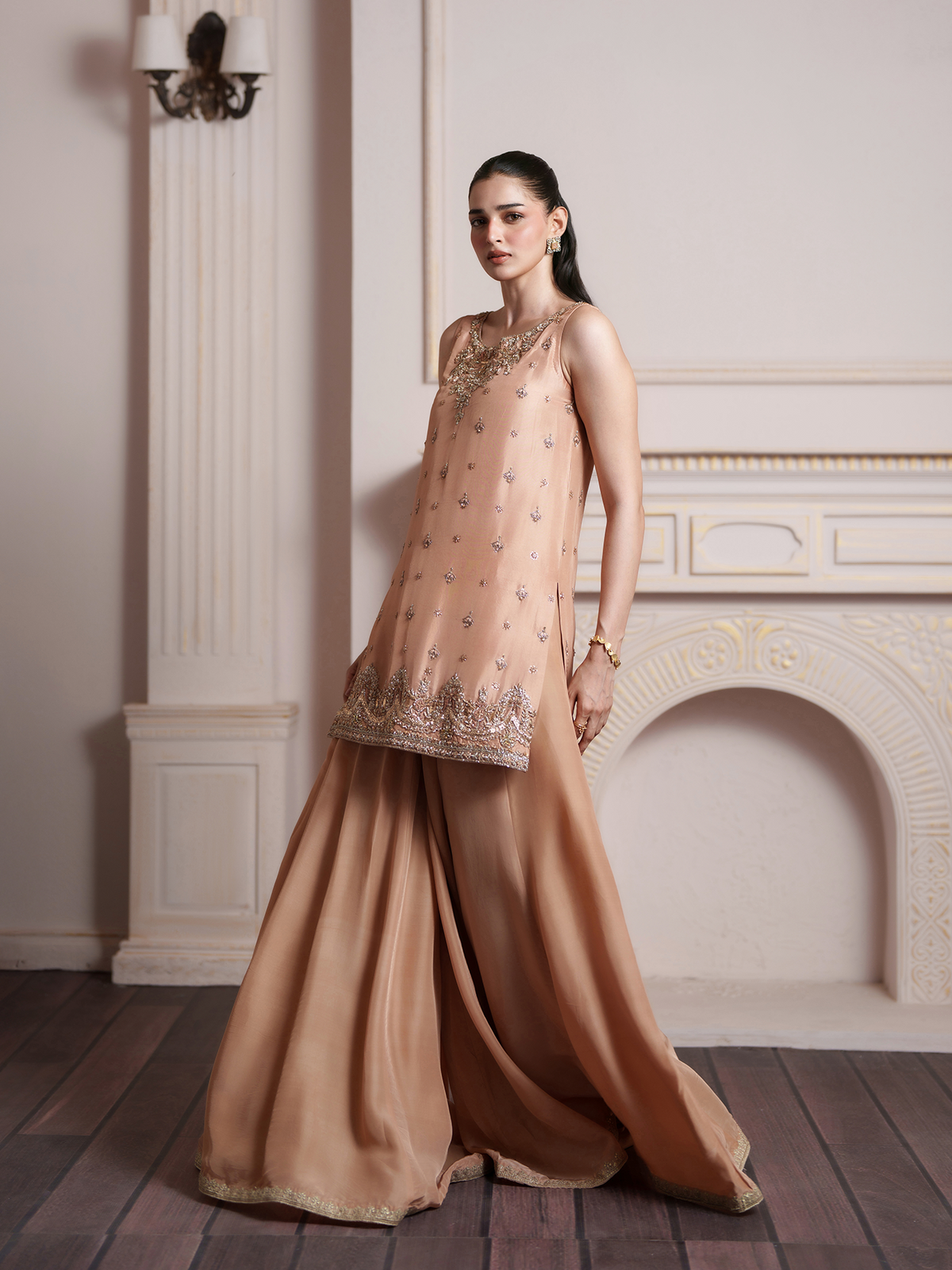 Peach Crush Silk Sharara Suit with Organza Mukaish Dupatta