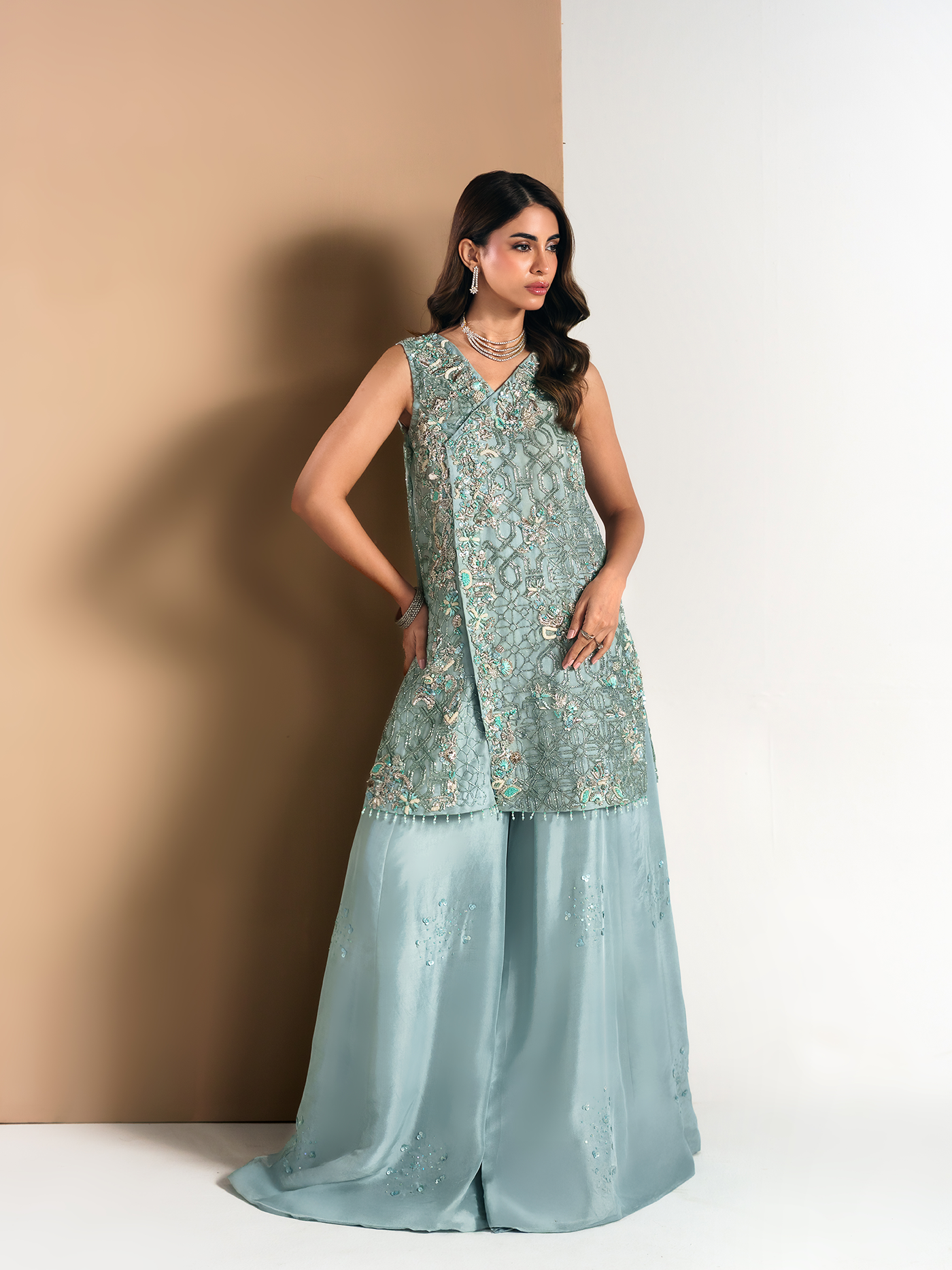 Ocean Blue Hand-Embroidered Organza Three-Piece