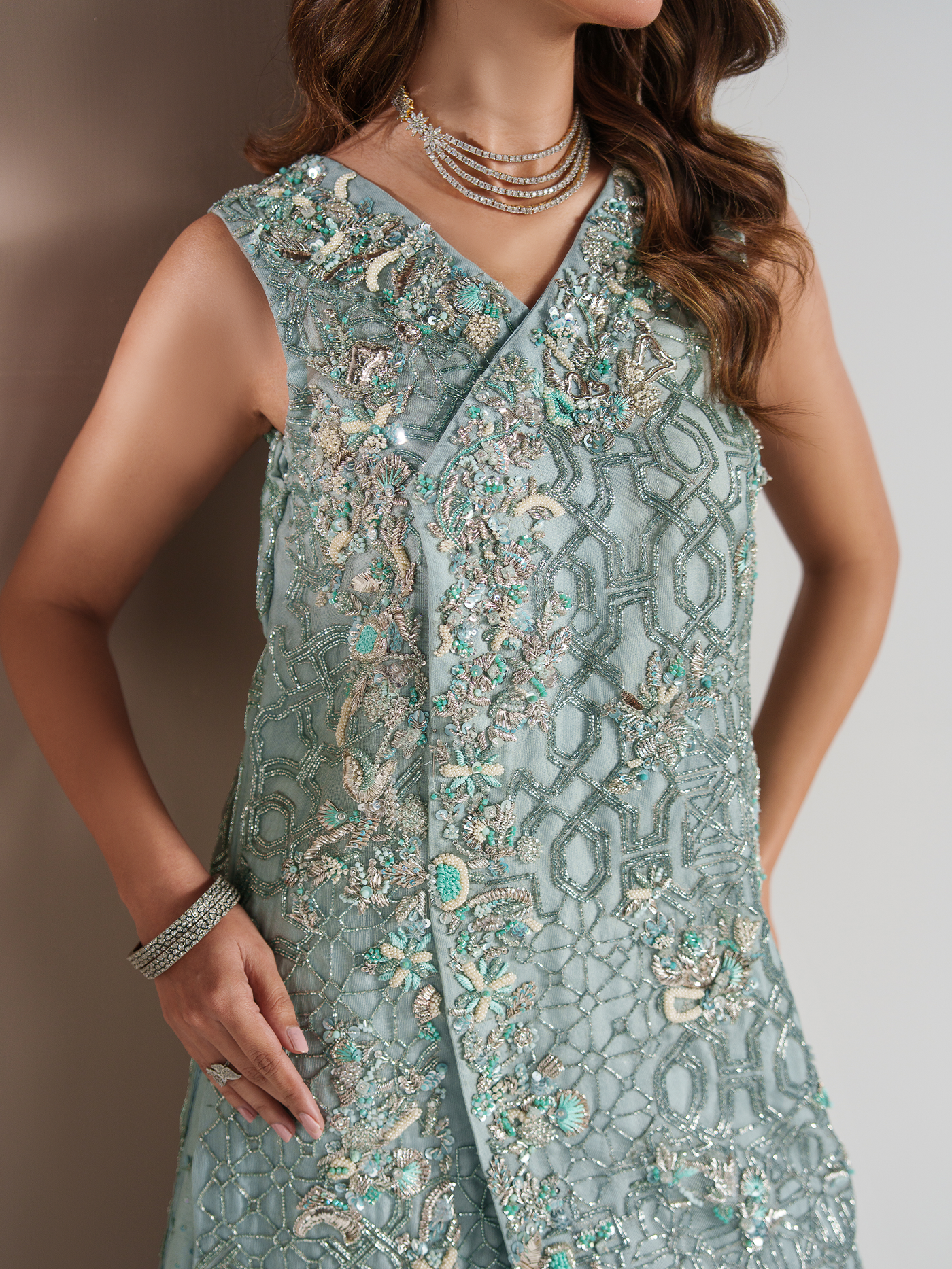 Ocean Blue Hand-Embroidered Organza Three-Piece