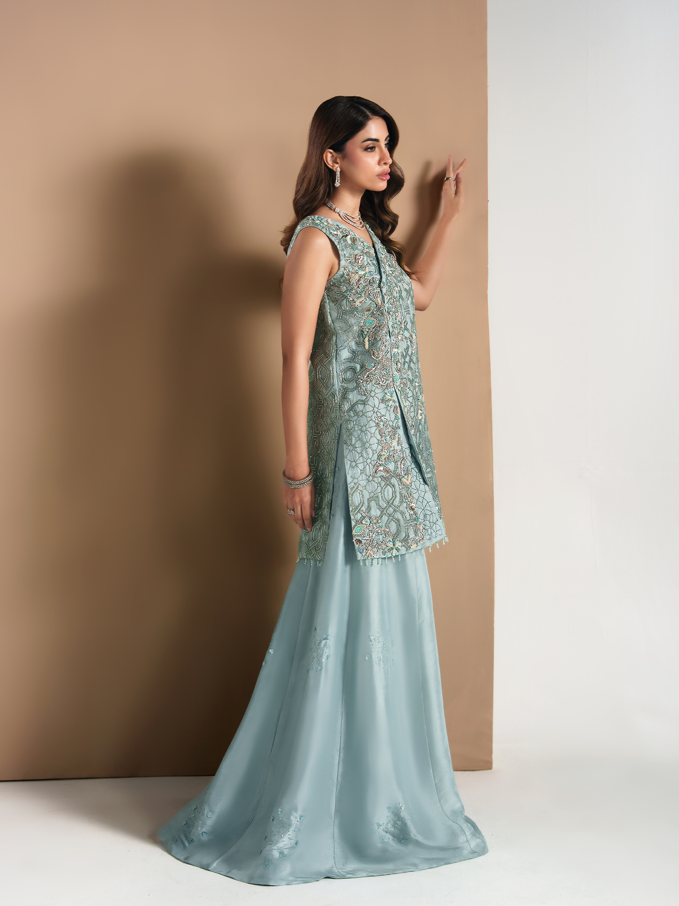 Ocean Blue Hand-Embroidered Organza Three-Piece