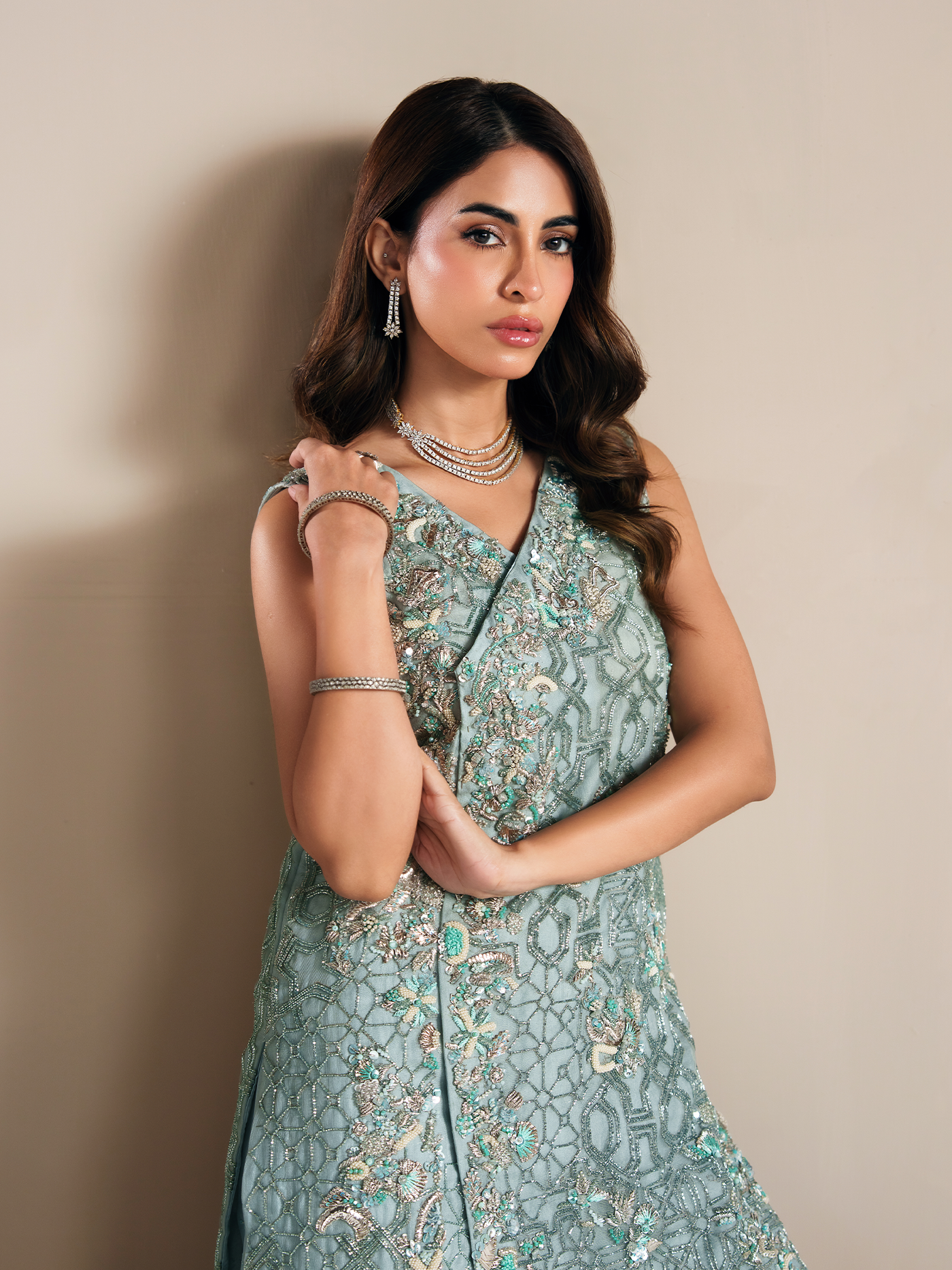 Ocean Blue Hand-Embroidered Organza Three-Piece