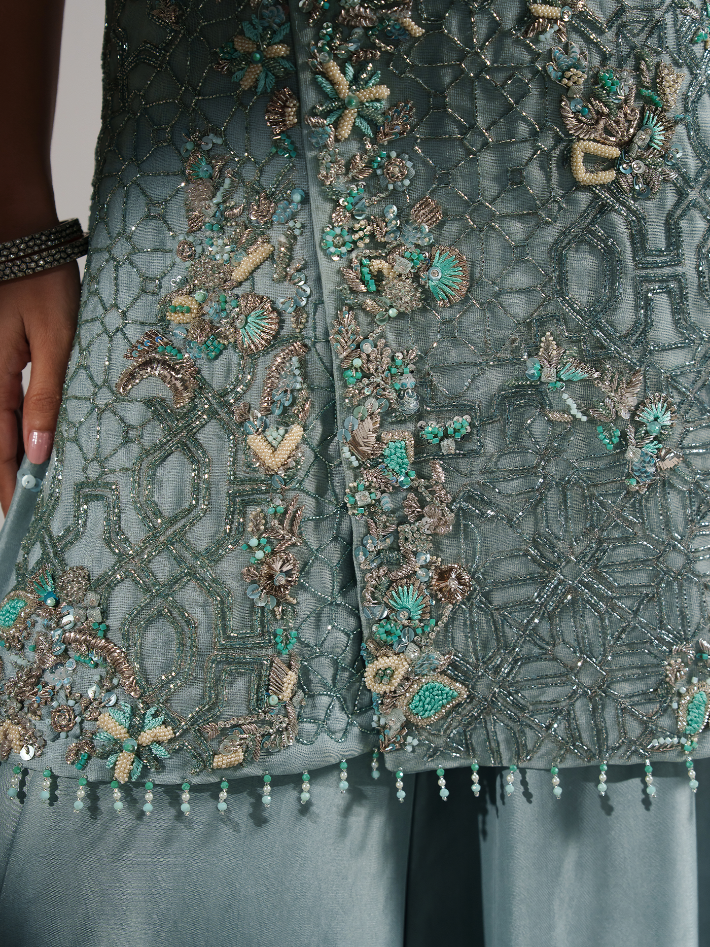 Ocean Blue Hand-Embroidered Organza Three-Piece