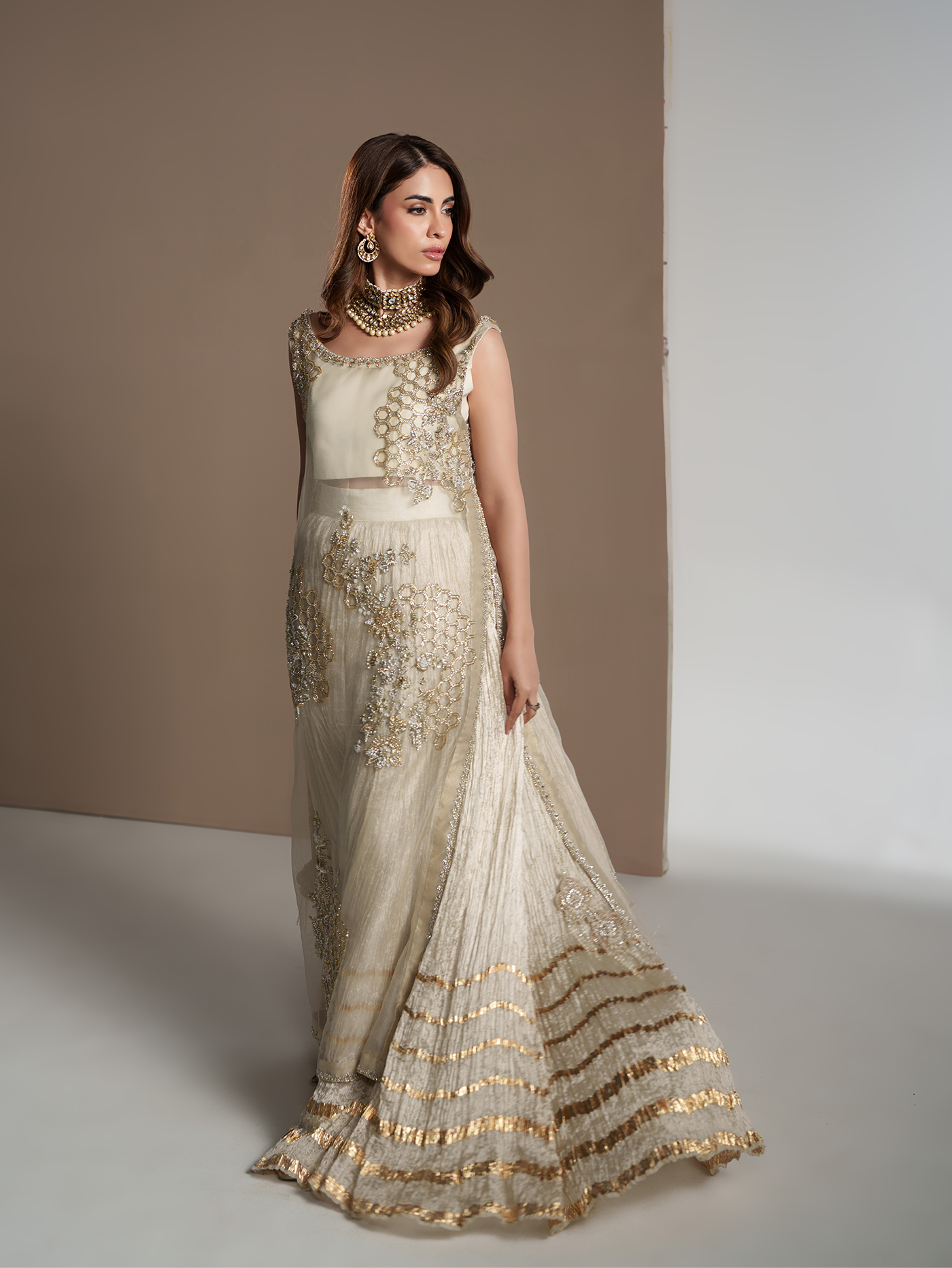 Ivory Gold Organza Lehnga Set with Dupatta