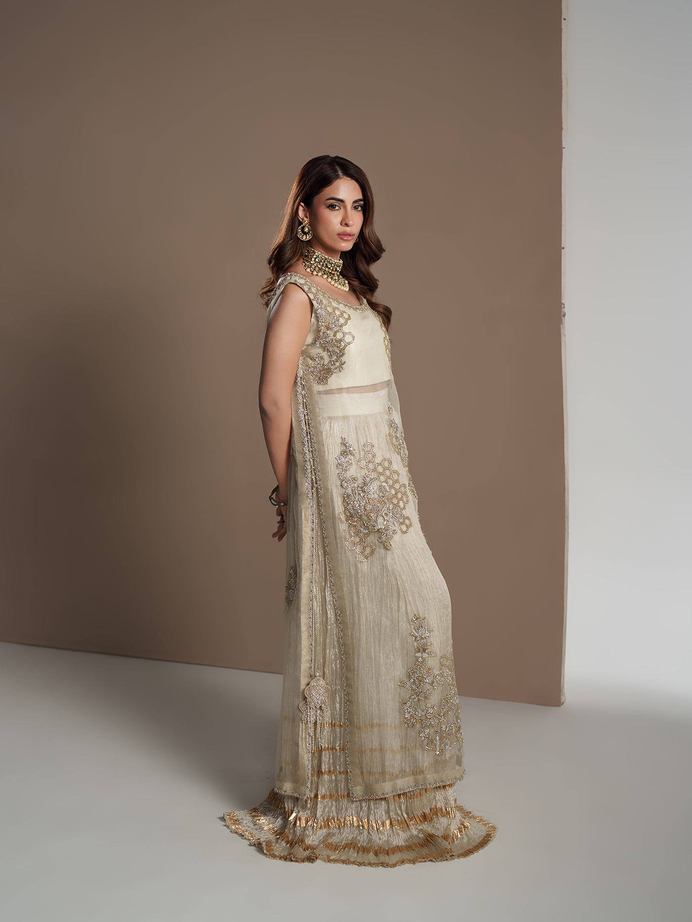 Ivory Gold Organza Lehnga Set with Dupatta