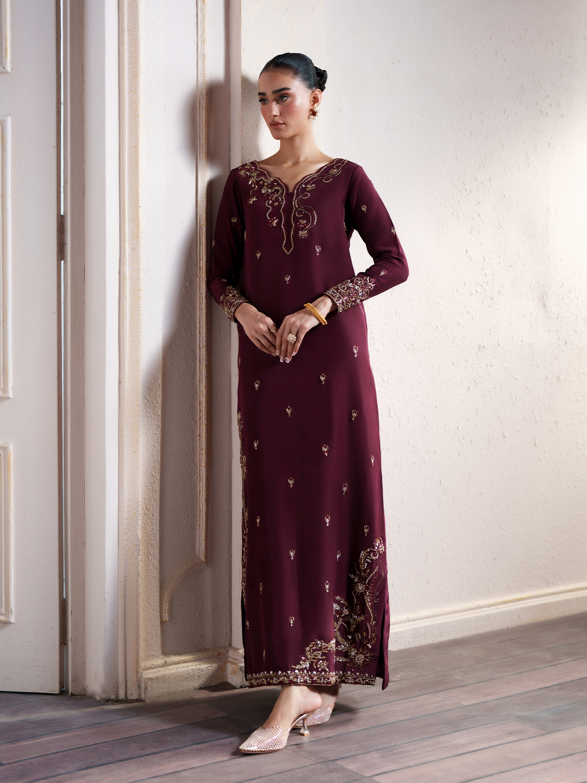 Rossa Deep Maroon Silk Embellished Kaftan