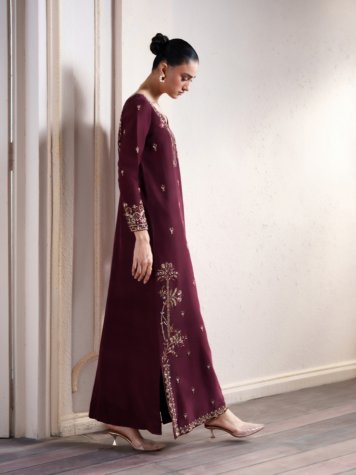 Rossa Deep Maroon Silk Embellished Kaftan