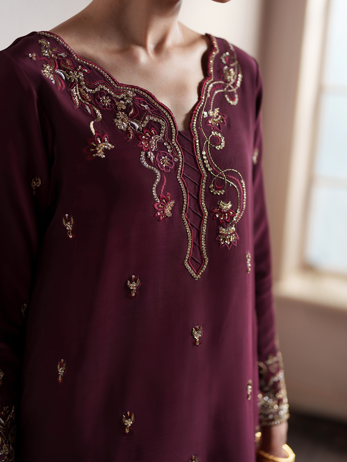 Rossa Deep Maroon Silk Embellished Kaftan
