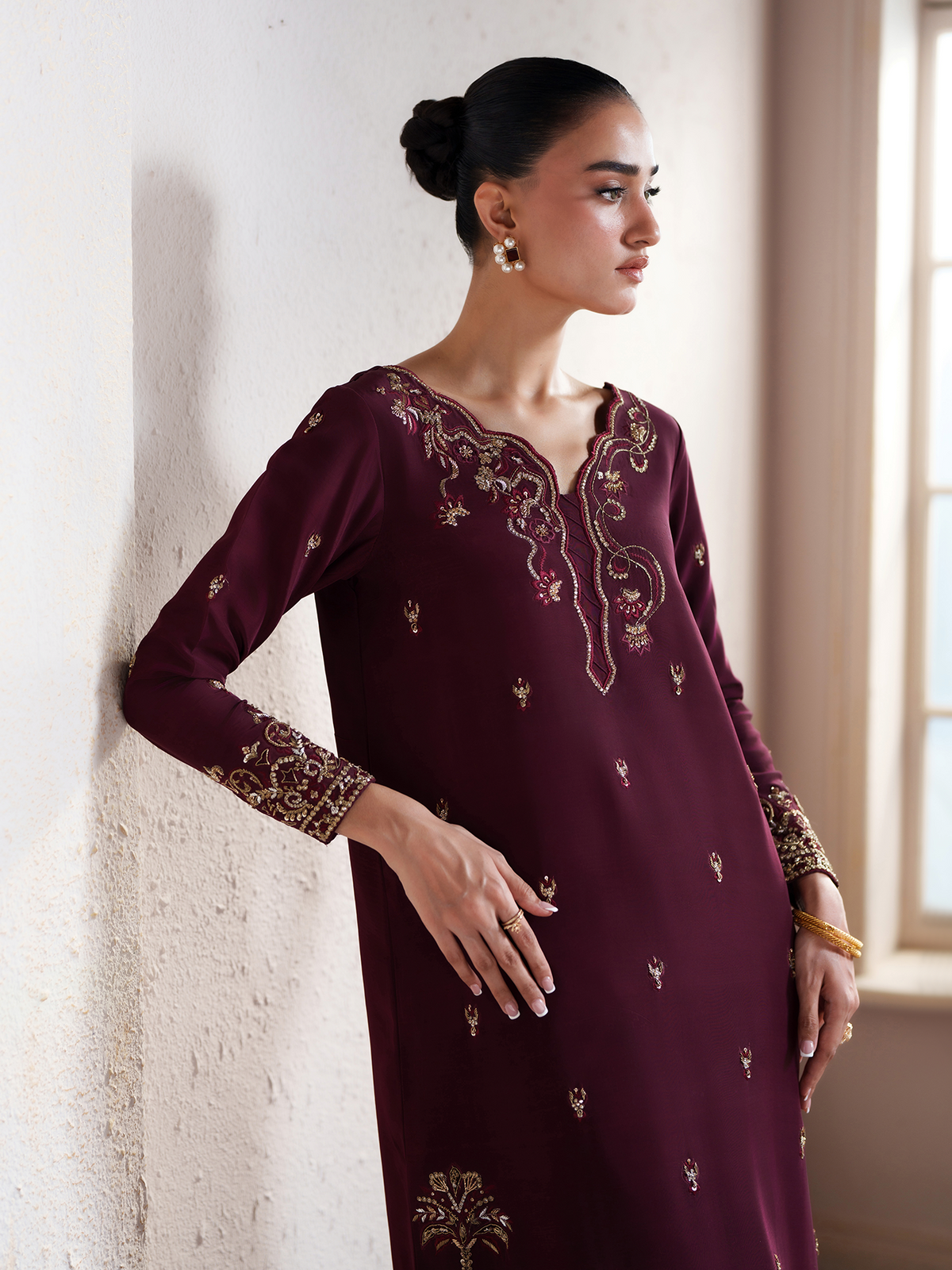 Rossa Deep Maroon Silk Embellished Kaftan