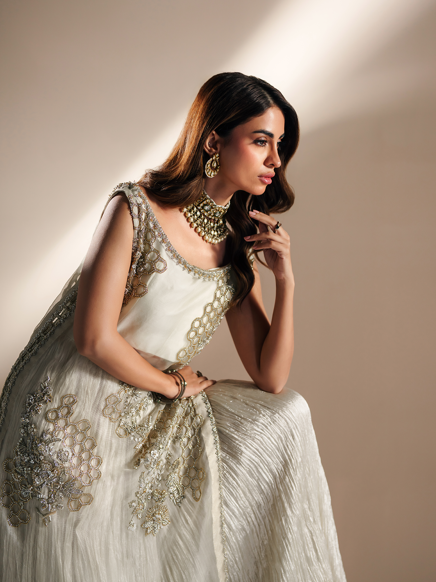 Ivory Gold Organza Lehnga Set with Dupatta