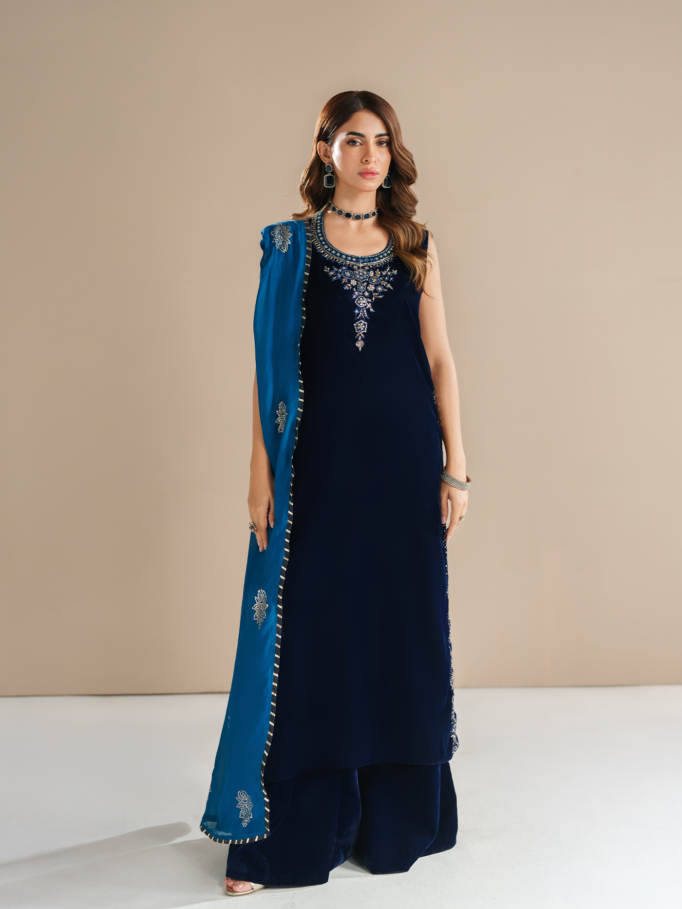 Deep Navy Hand-Embroidered Velvet Three-Piece