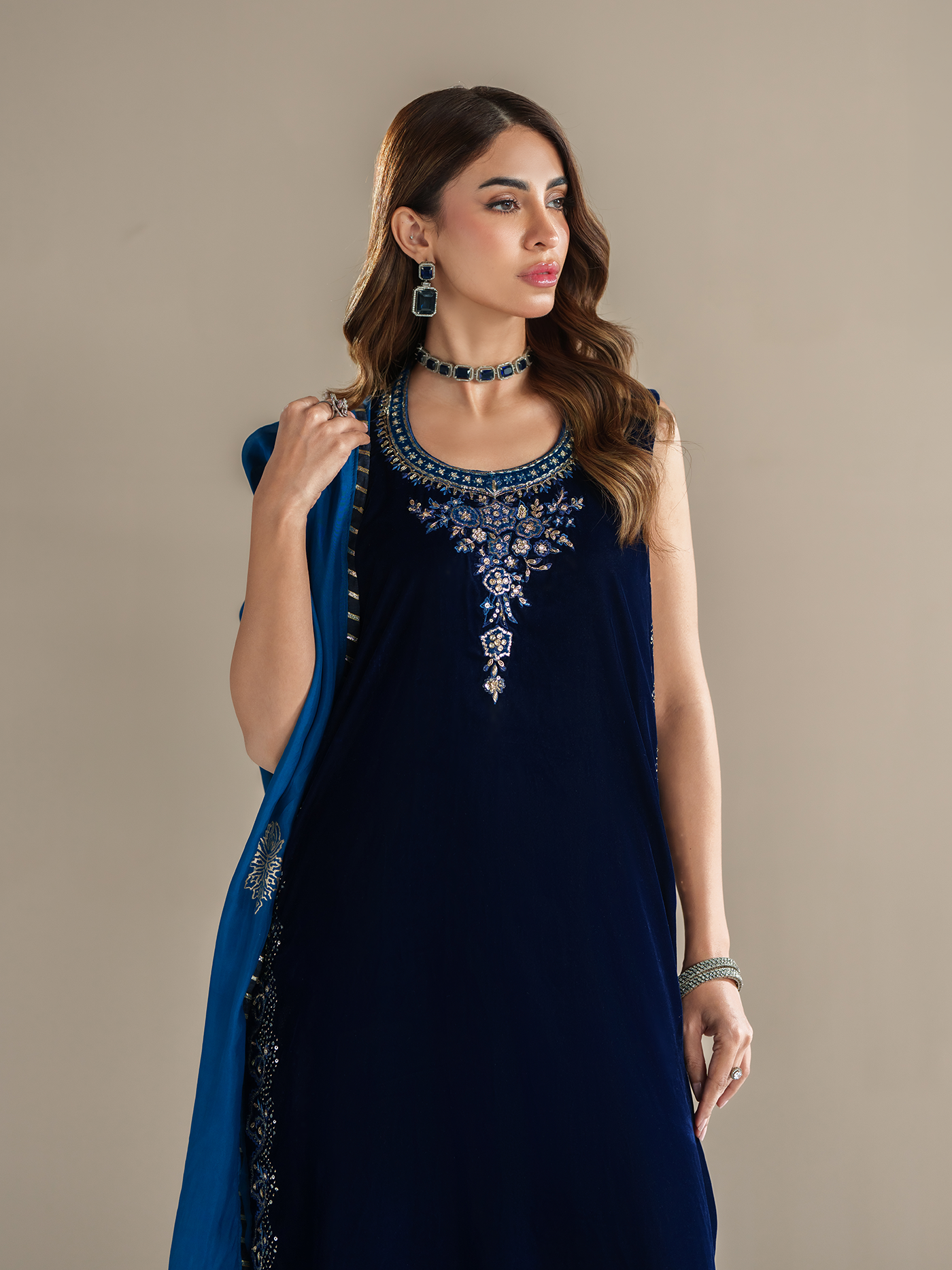 Deep Navy Hand-Embroidered Velvet Three-Piece