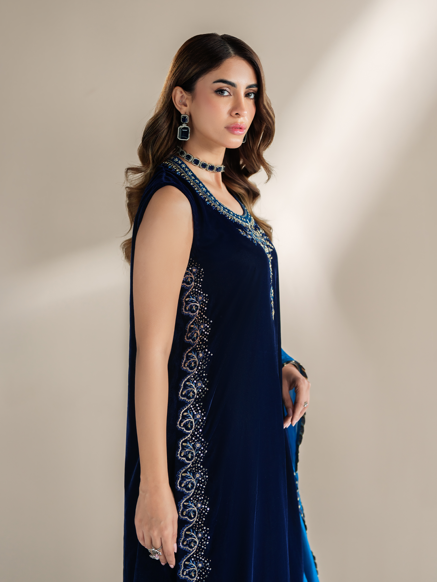 Deep Navy Hand-Embroidered Velvet Three-Piece
