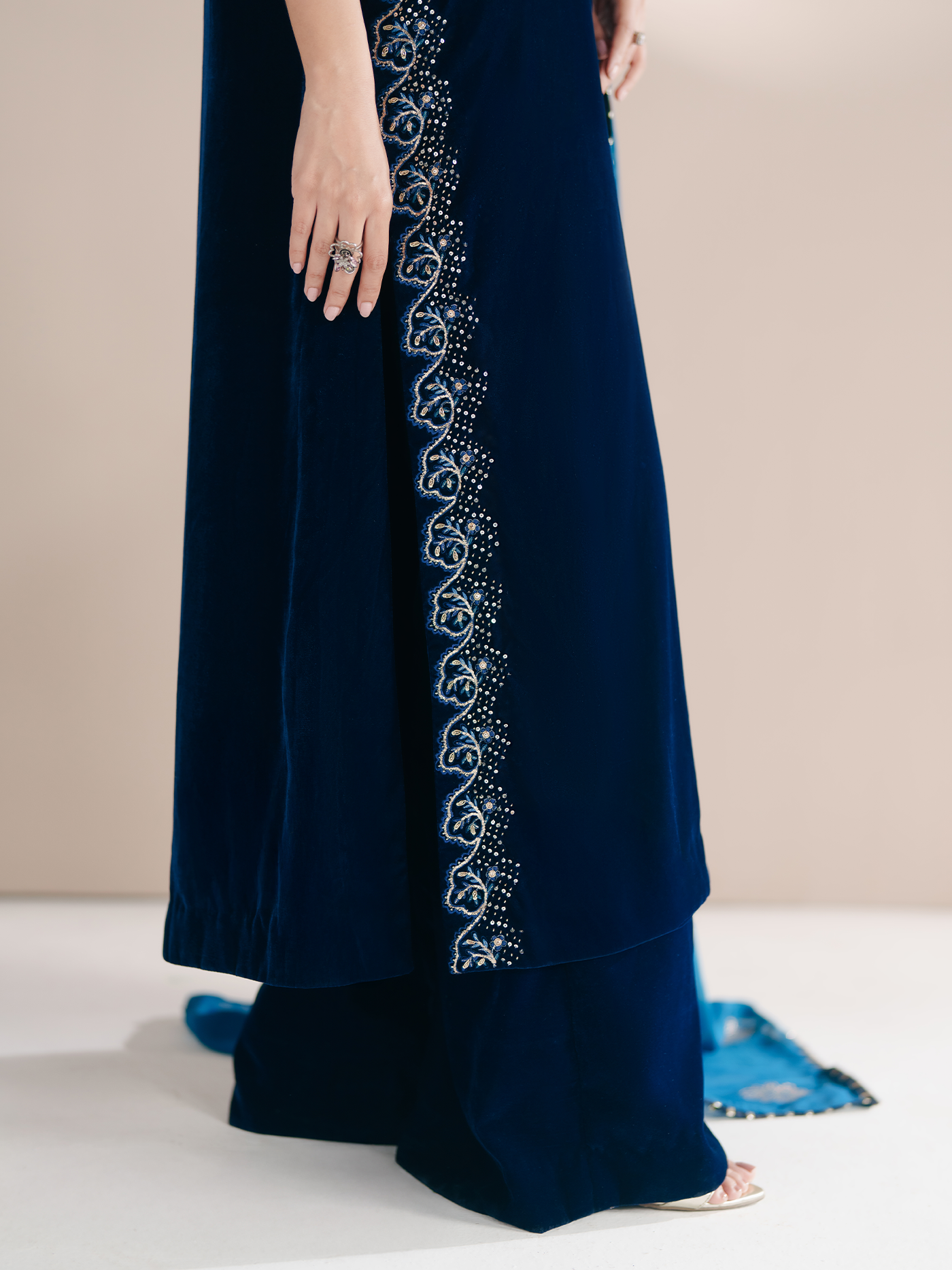 Deep Navy Hand-Embroidered Velvet Three-Piece