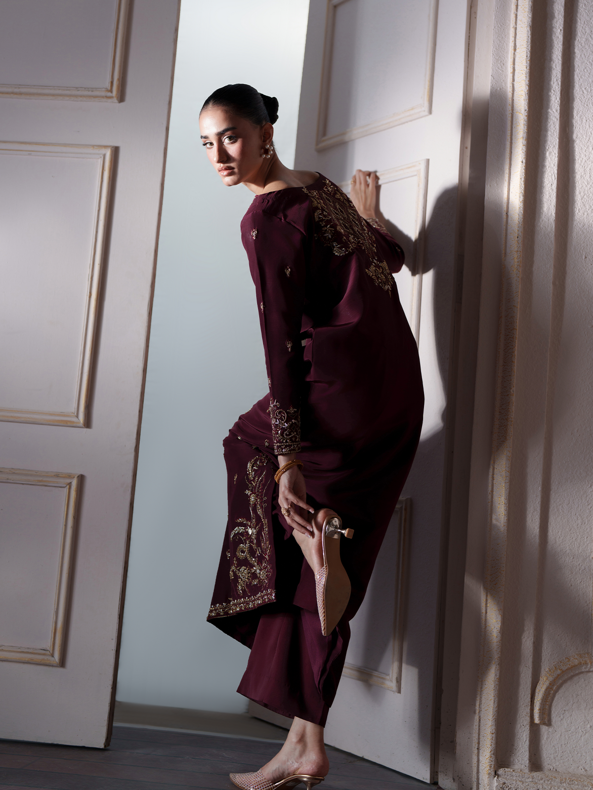 Rossa Deep Maroon Silk Embellished Kaftan