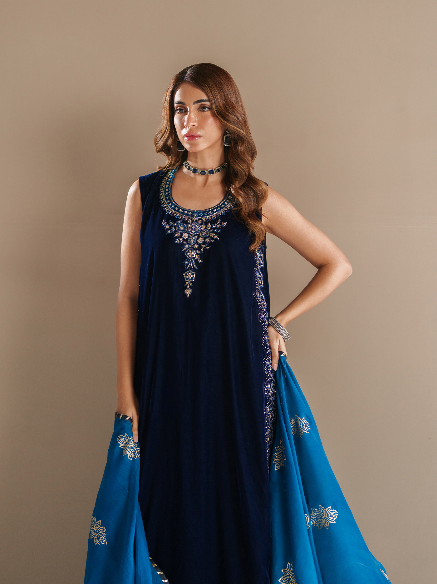 Deep Navy Hand-Embroidered Velvet Three-Piece