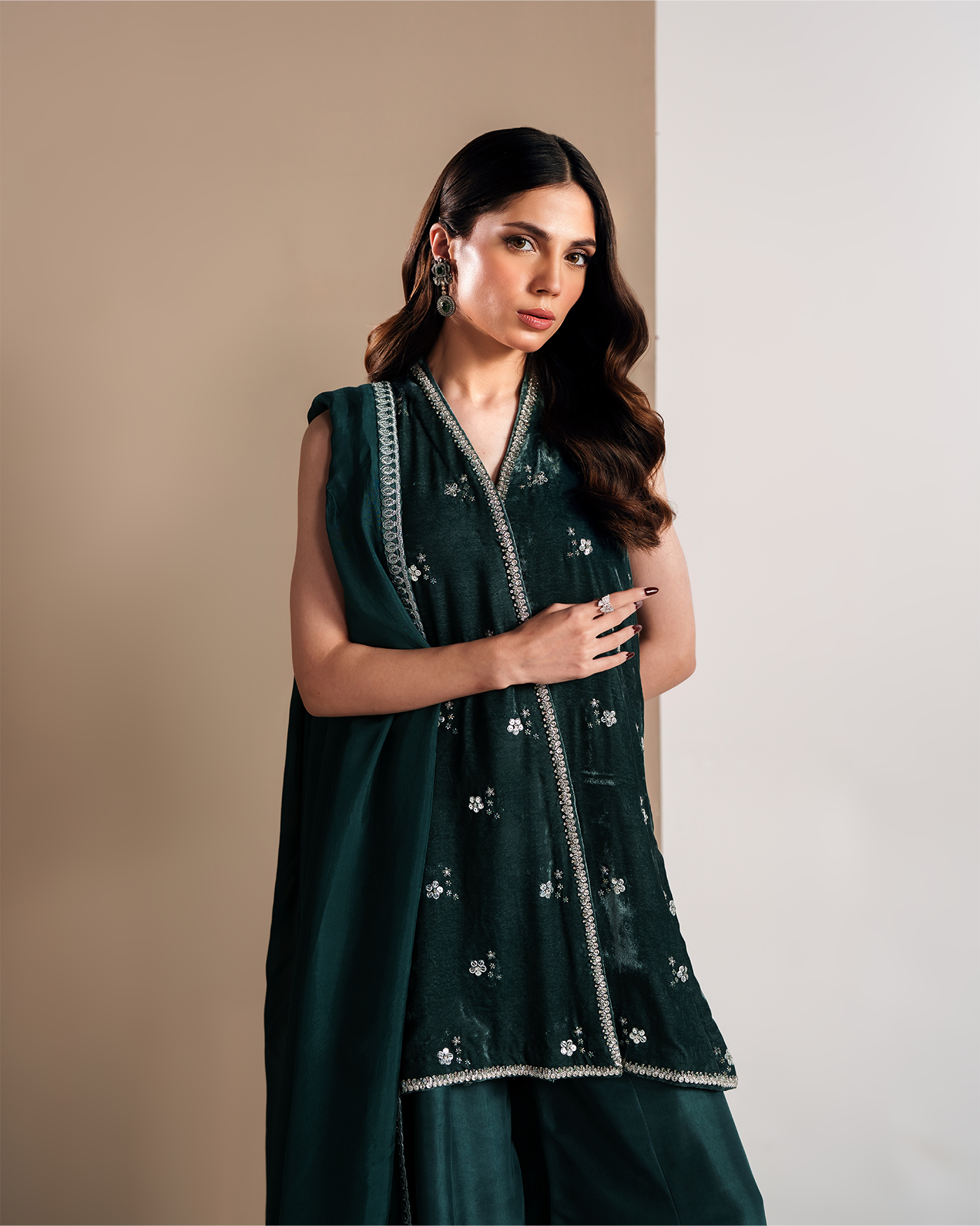 Cila Deep Aqua Hand-Embroidered Velvet Three-Piece