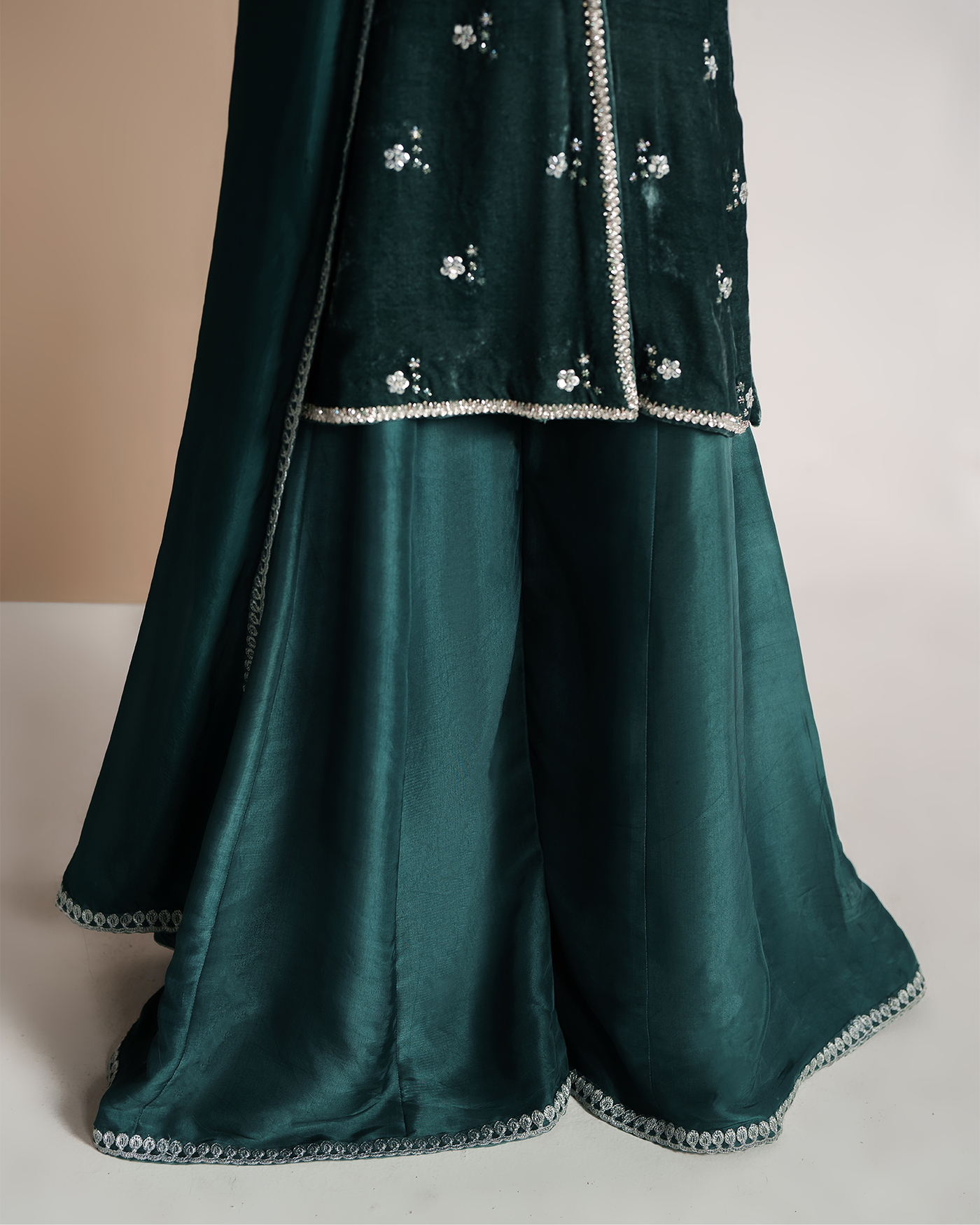 Cila Deep Aqua Hand-Embroidered Velvet Three-Piece