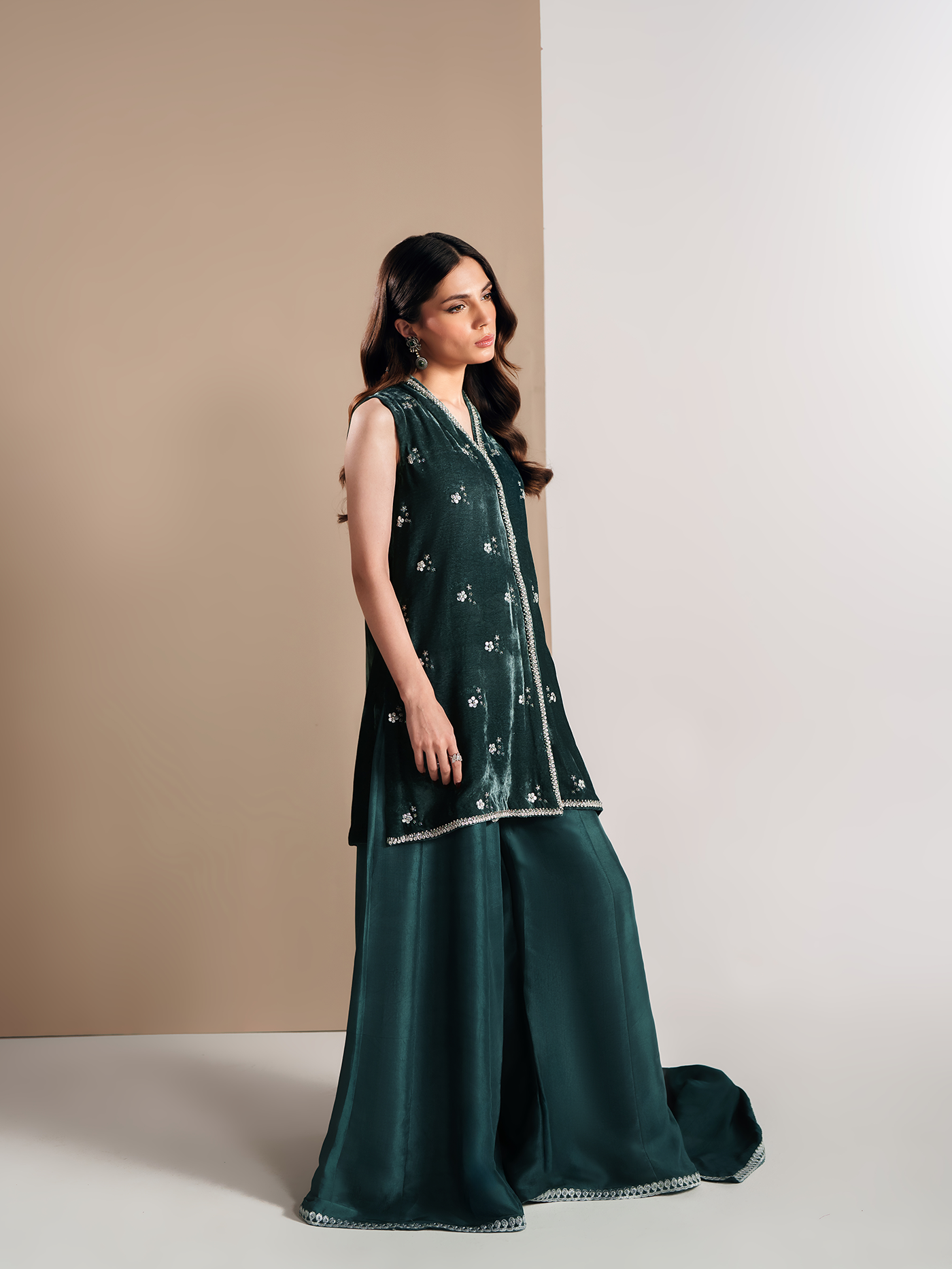 Cila Deep Aqua Hand-Embroidered Velvet Three-Piece