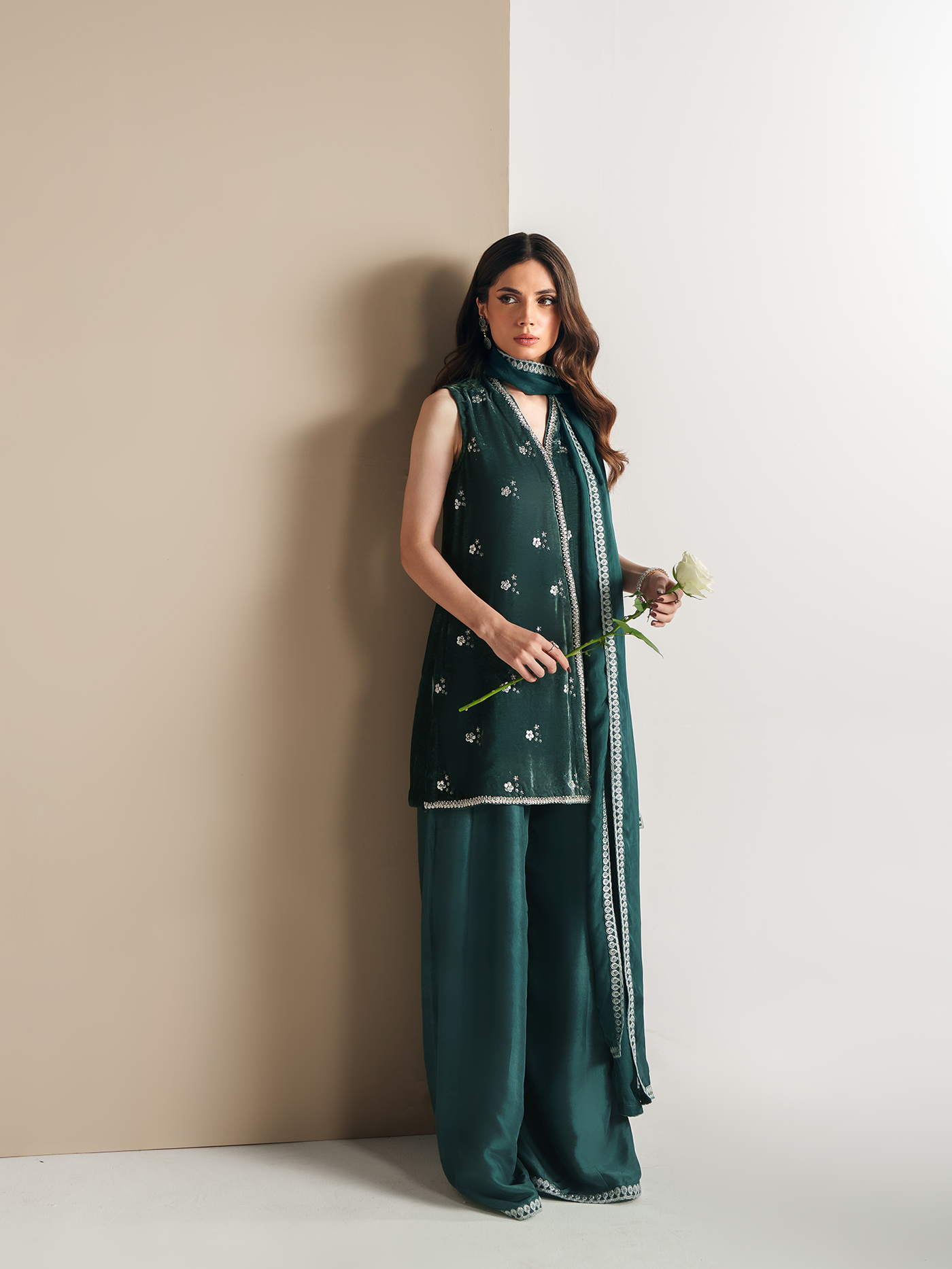 Cila Deep Aqua Hand-Embroidered Velvet Three-Piece