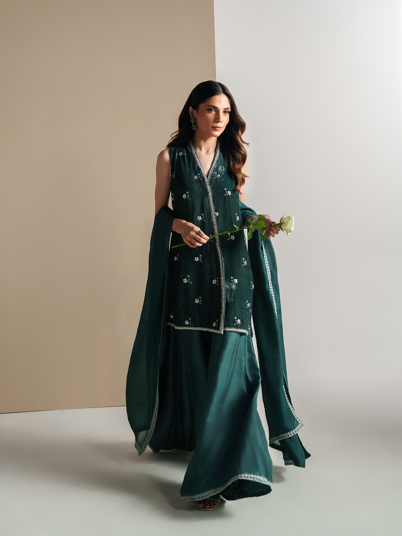 Cila Deep Aqua Hand-Embroidered Velvet Three-Piece