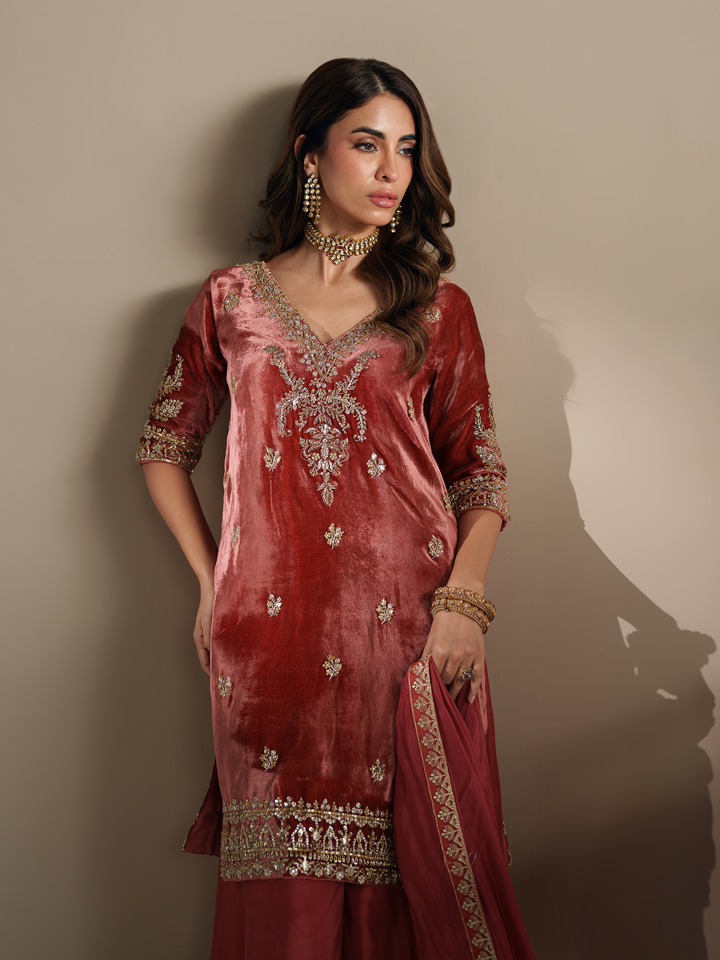 Burnt Orange Hand-Embroidered Velvet Three-Piece
