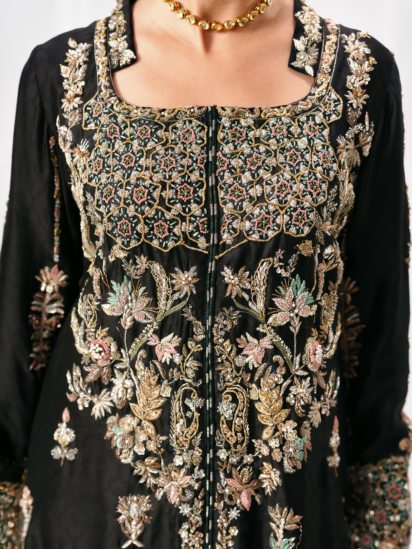 Viola Black Hand-Embroidered Tissue Silk Three-Piece