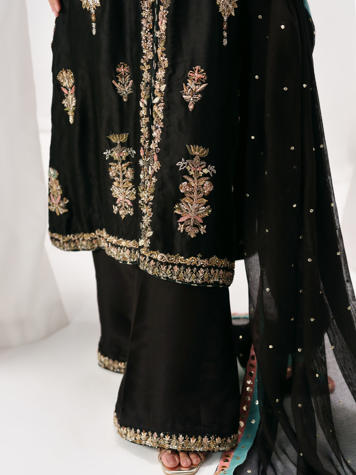 Viola Black Hand-Embroidered Tissue Silk Three-Piece