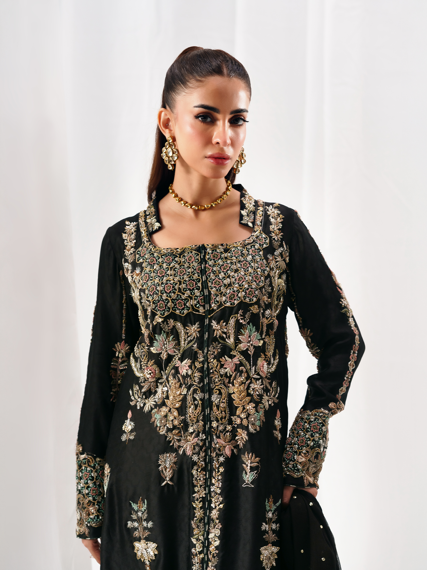 Viola Black Hand-Embroidered Tissue Silk Three-Piece