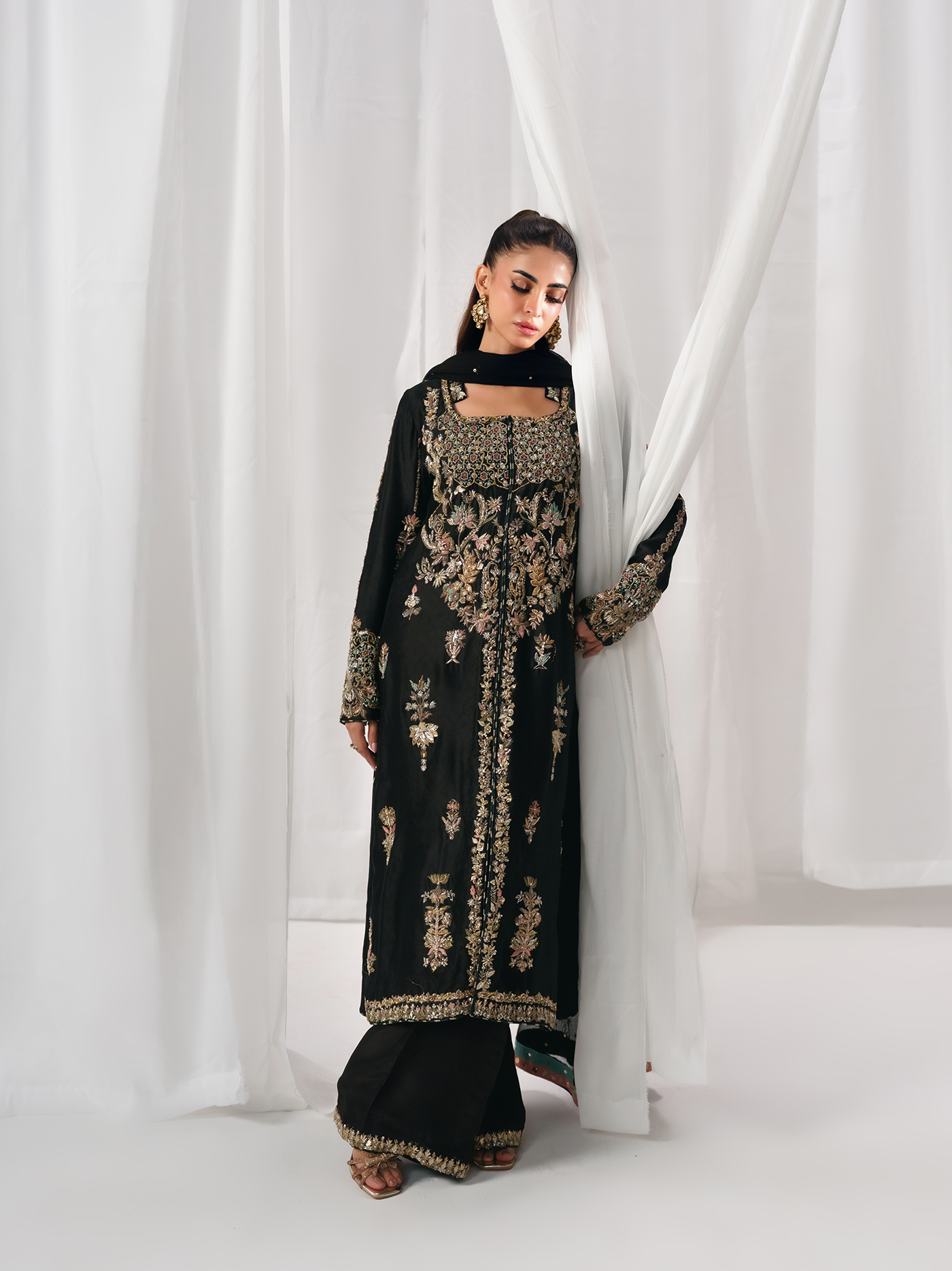 Viola Black Hand-Embroidered Tissue Silk Three-Piece