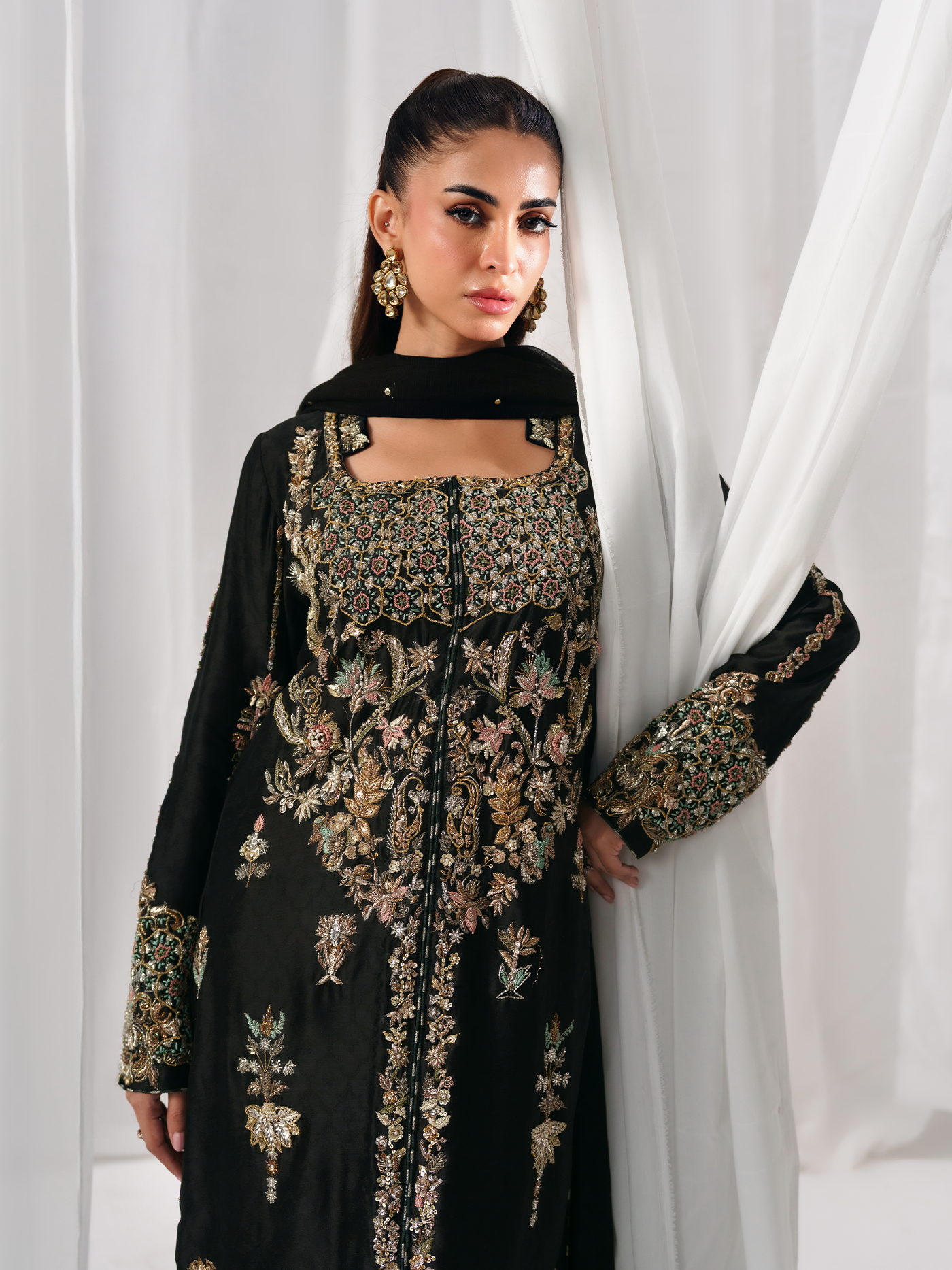 Viola Black Hand-Embroidered Tissue Silk Three-Piece