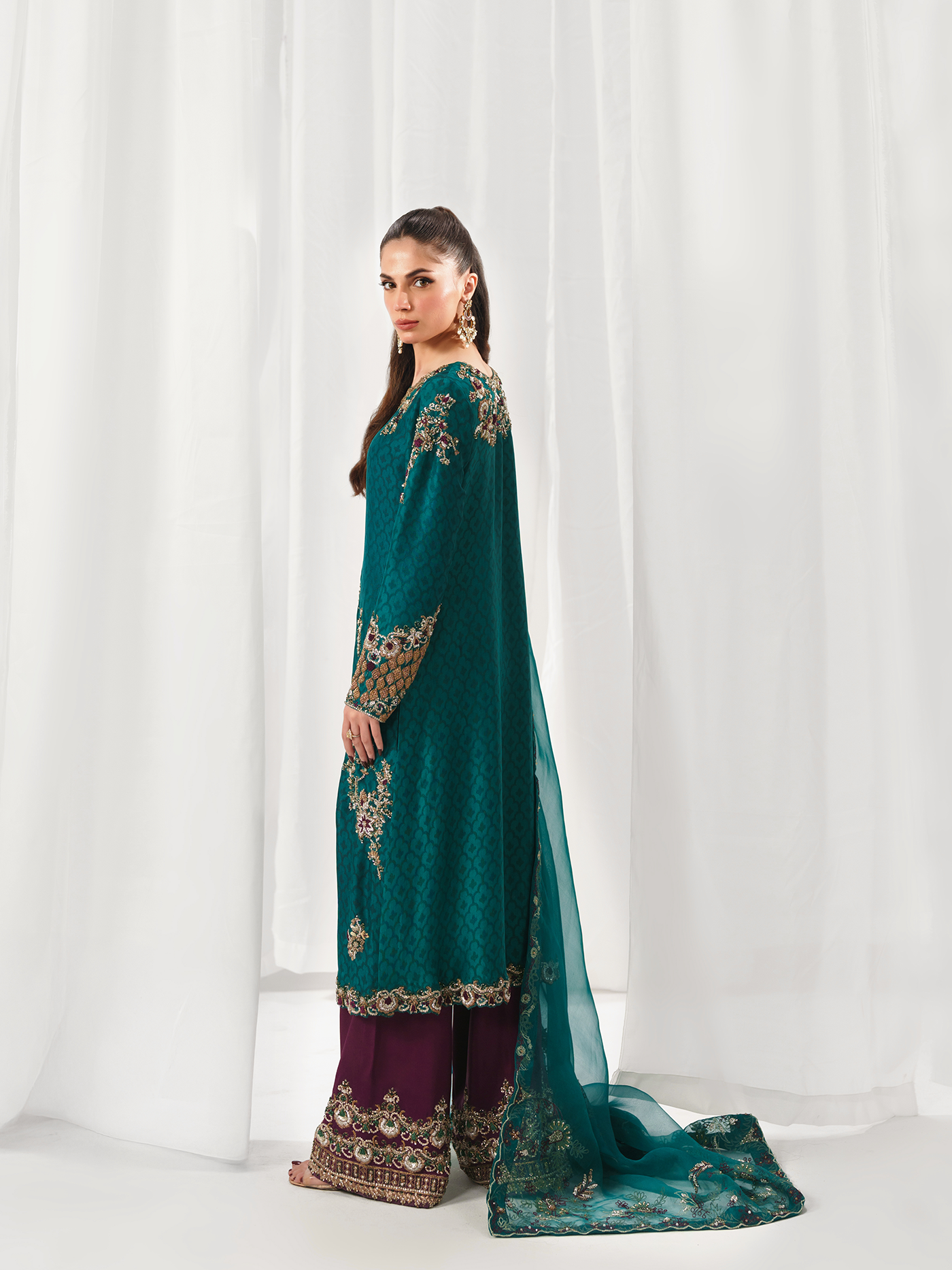 Zinc Green Hand-Embroidered Tissue Silk Three-Piece