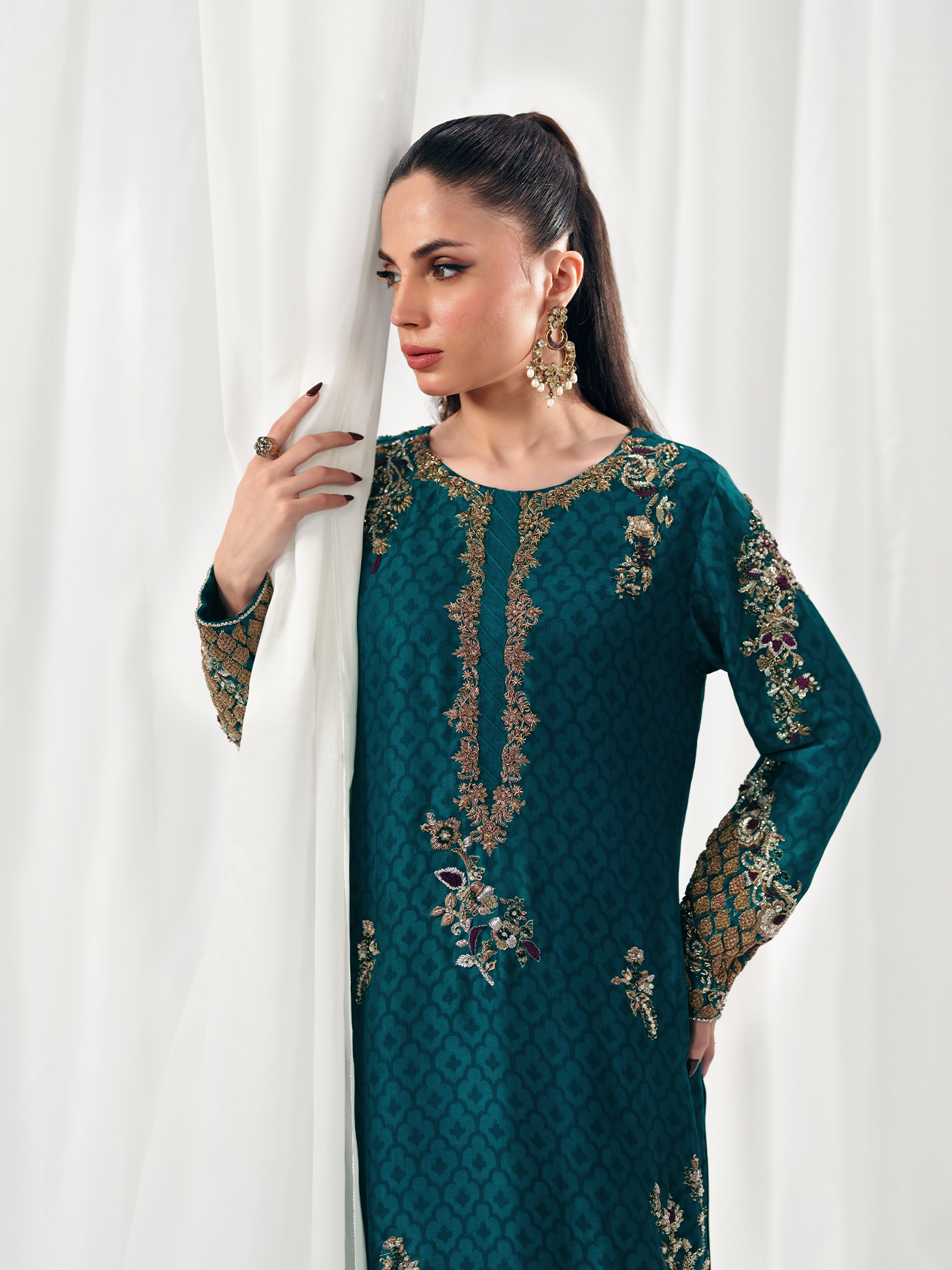 Zinc Green Hand-Embroidered Tissue Silk Three-Piece