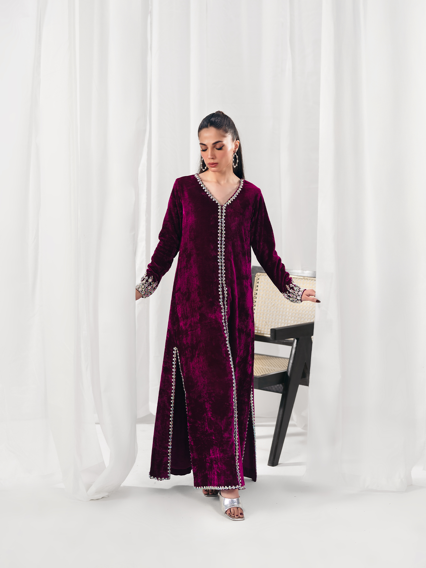 Hot Pink Hand-Embroidered French Velvet Gown Set