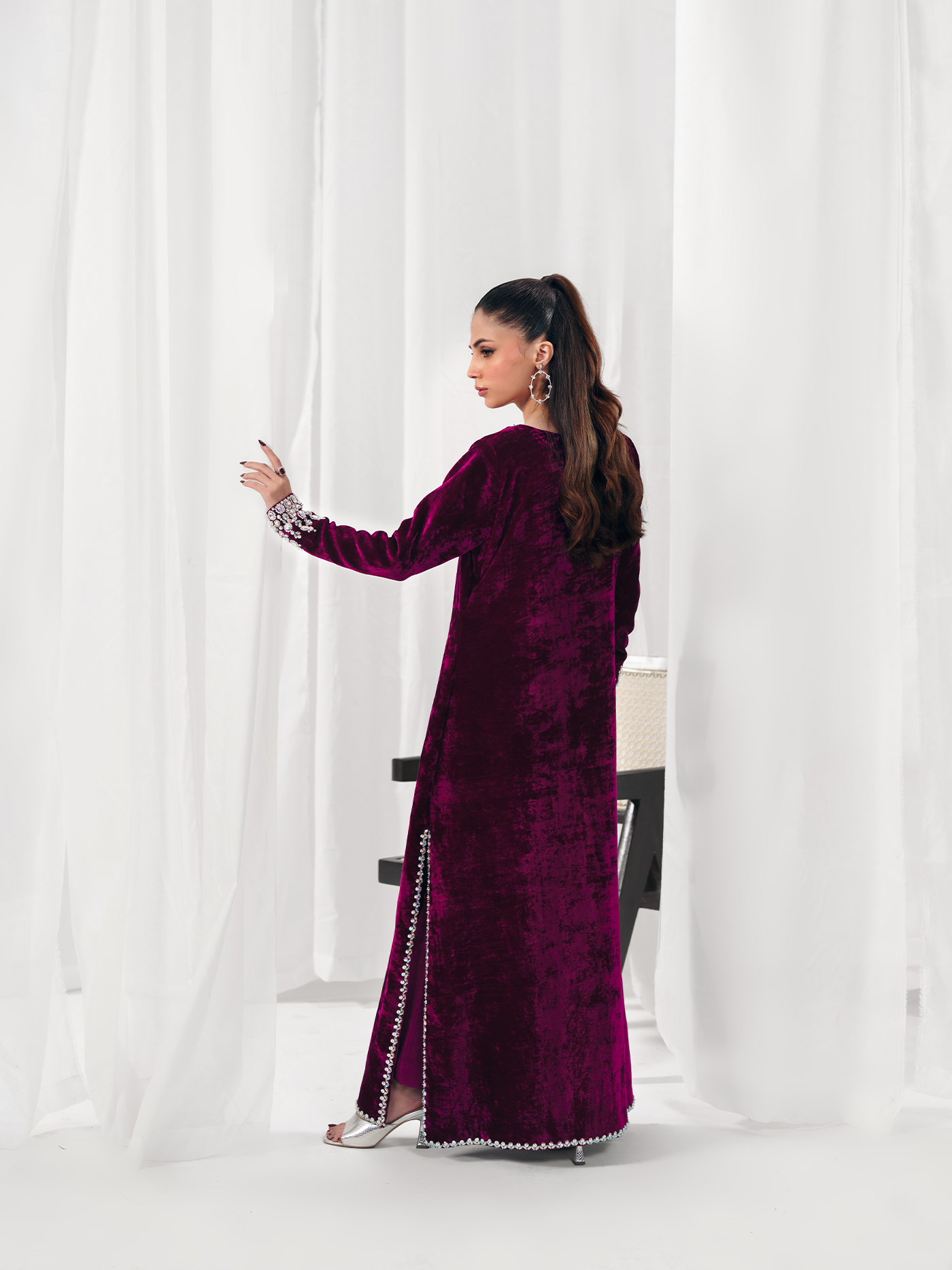 Hot Pink Hand-Embroidered French Velvet Gown Set