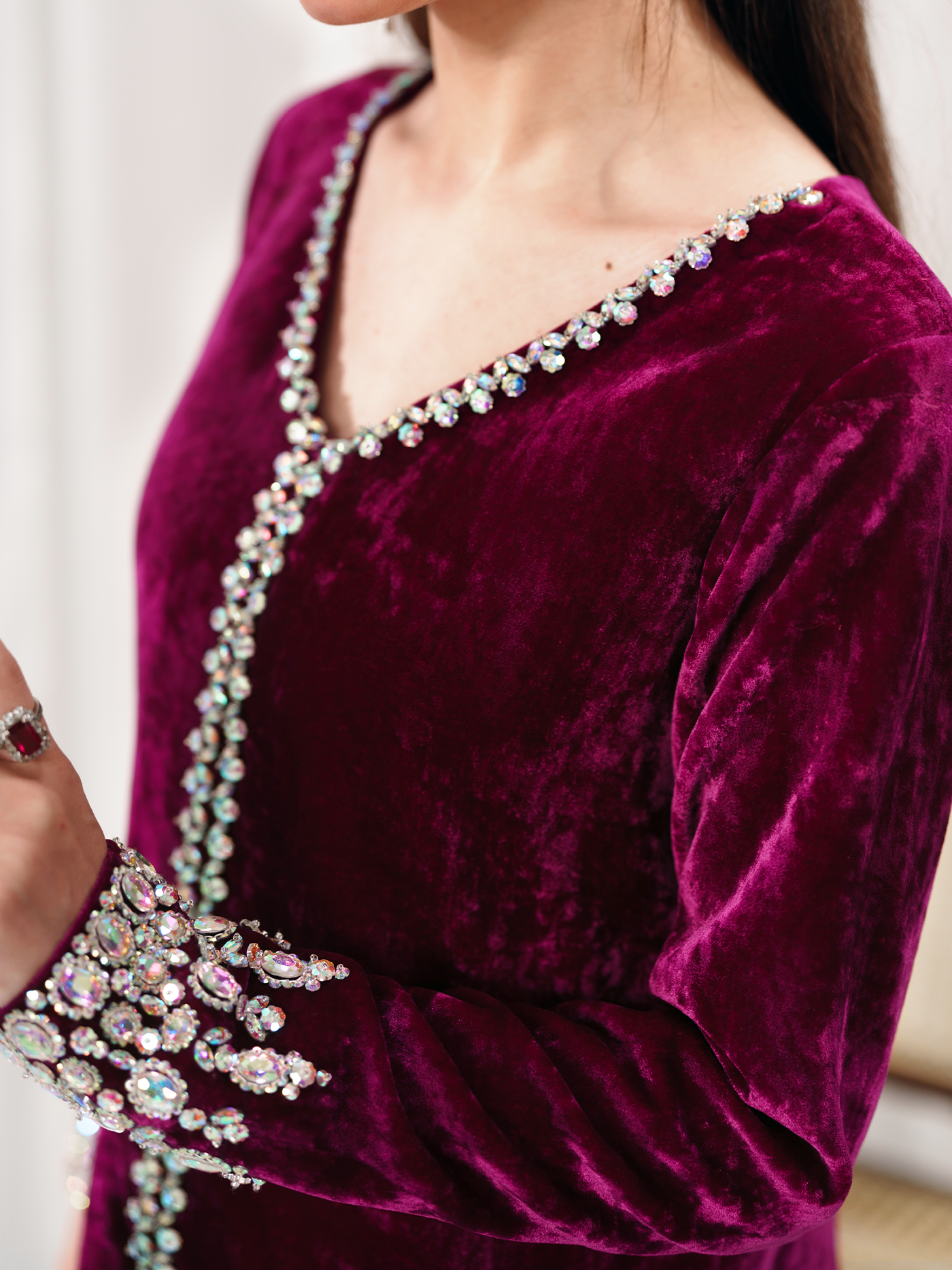 Hot Pink Hand-Embroidered French Velvet Gown Set